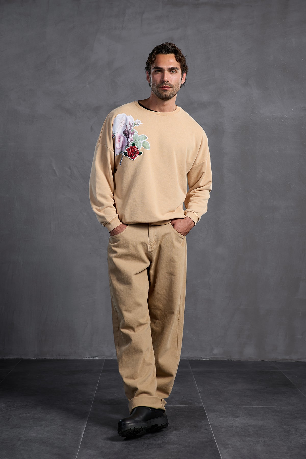 Beige Printed Crew Neck Sweatshirt 10001