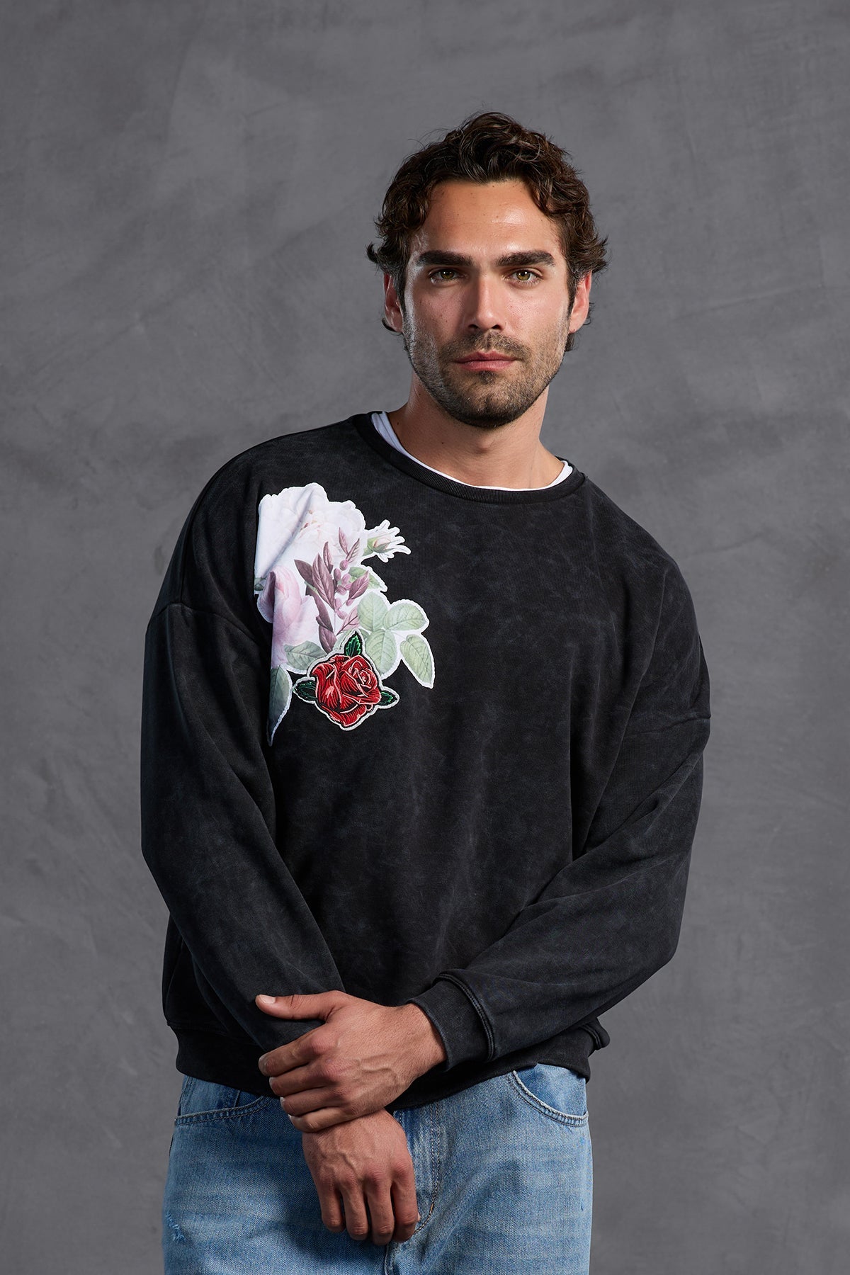 Black Printed Crew Neck Sweatshirt 10001
