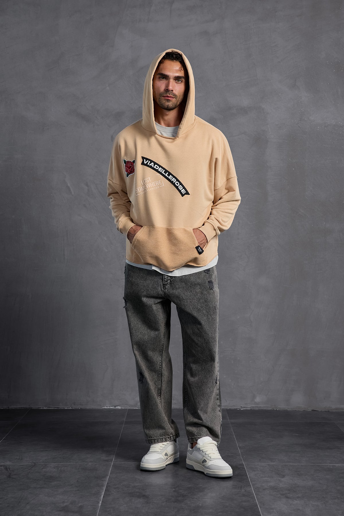 Beige Patch Hooded Sweatshirt 10003