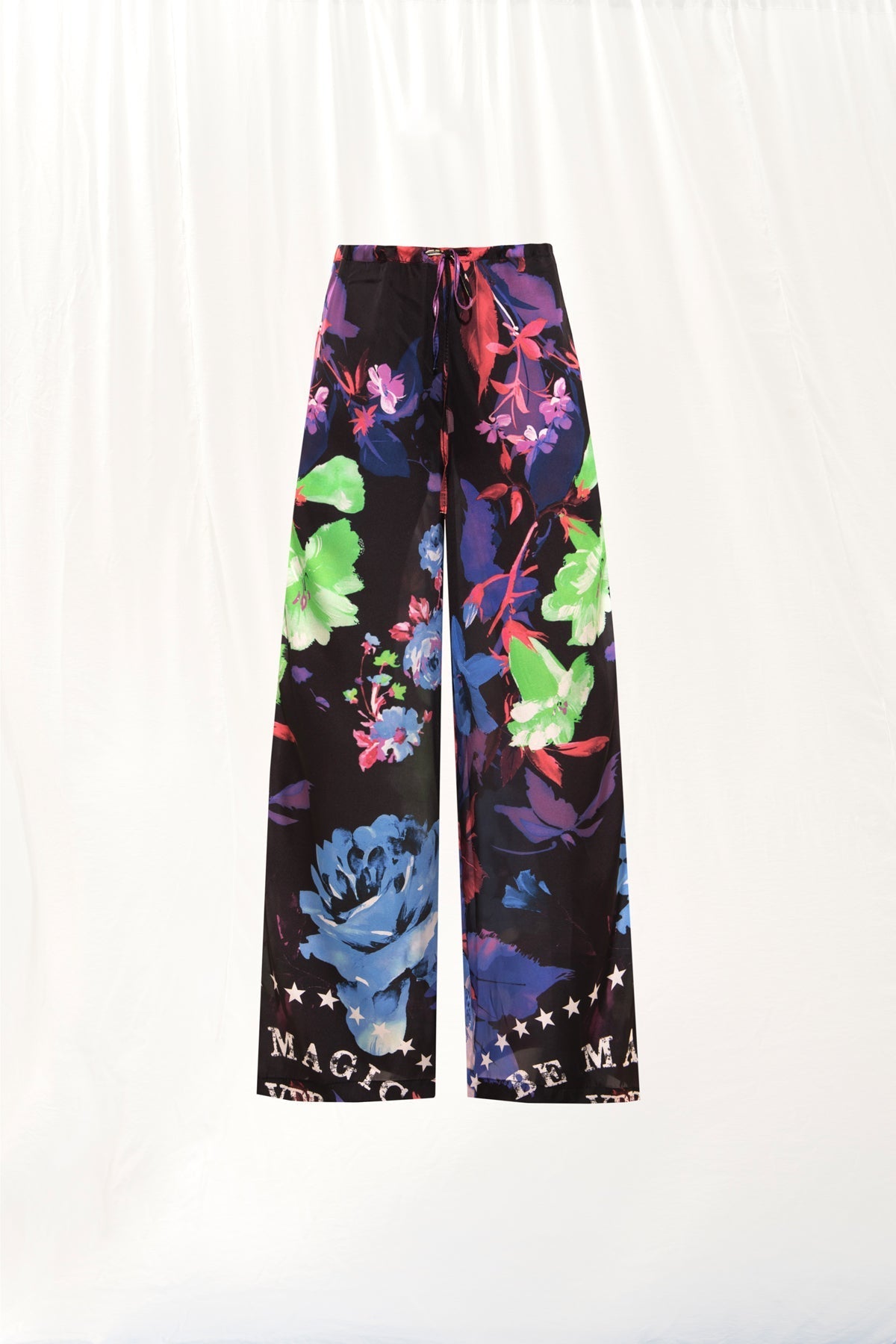 Black Floral Print Satin Trousers 17251