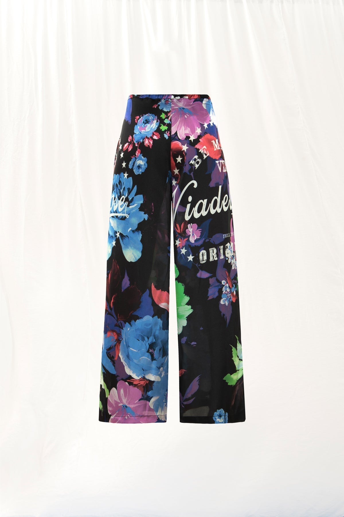 Black Floral Print Satin Trousers 17251