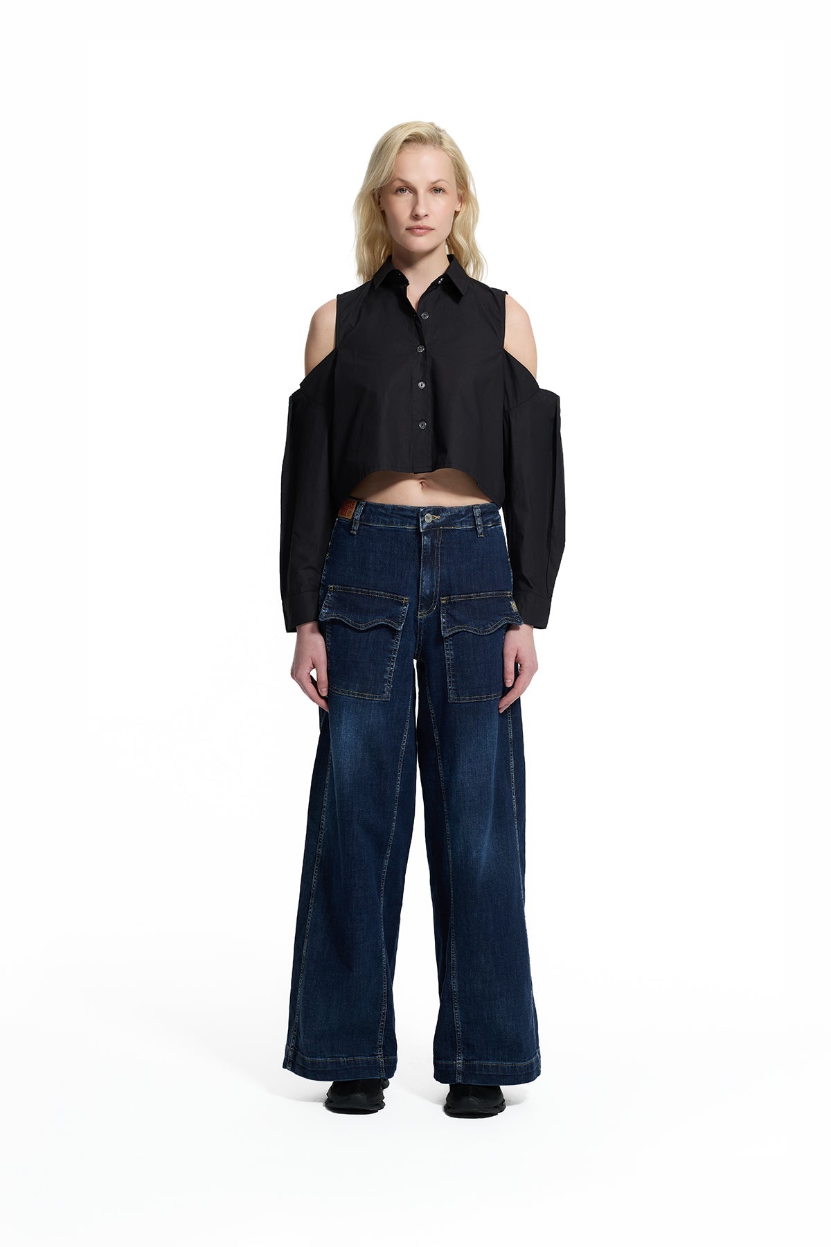 Blue Pocket Detail Flared Denim Trousers 19005