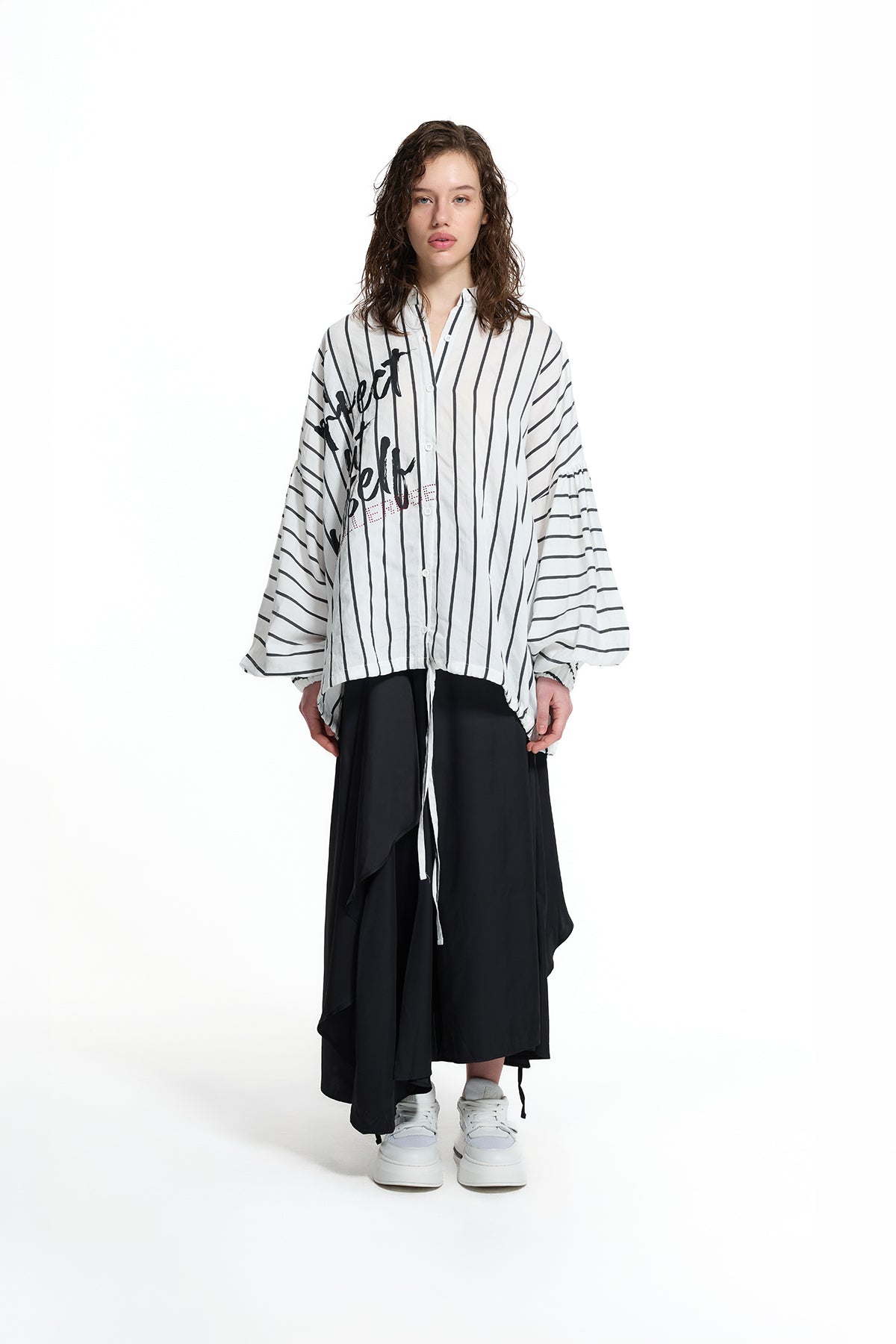 White Black Text Detail Striped Shirt 19008