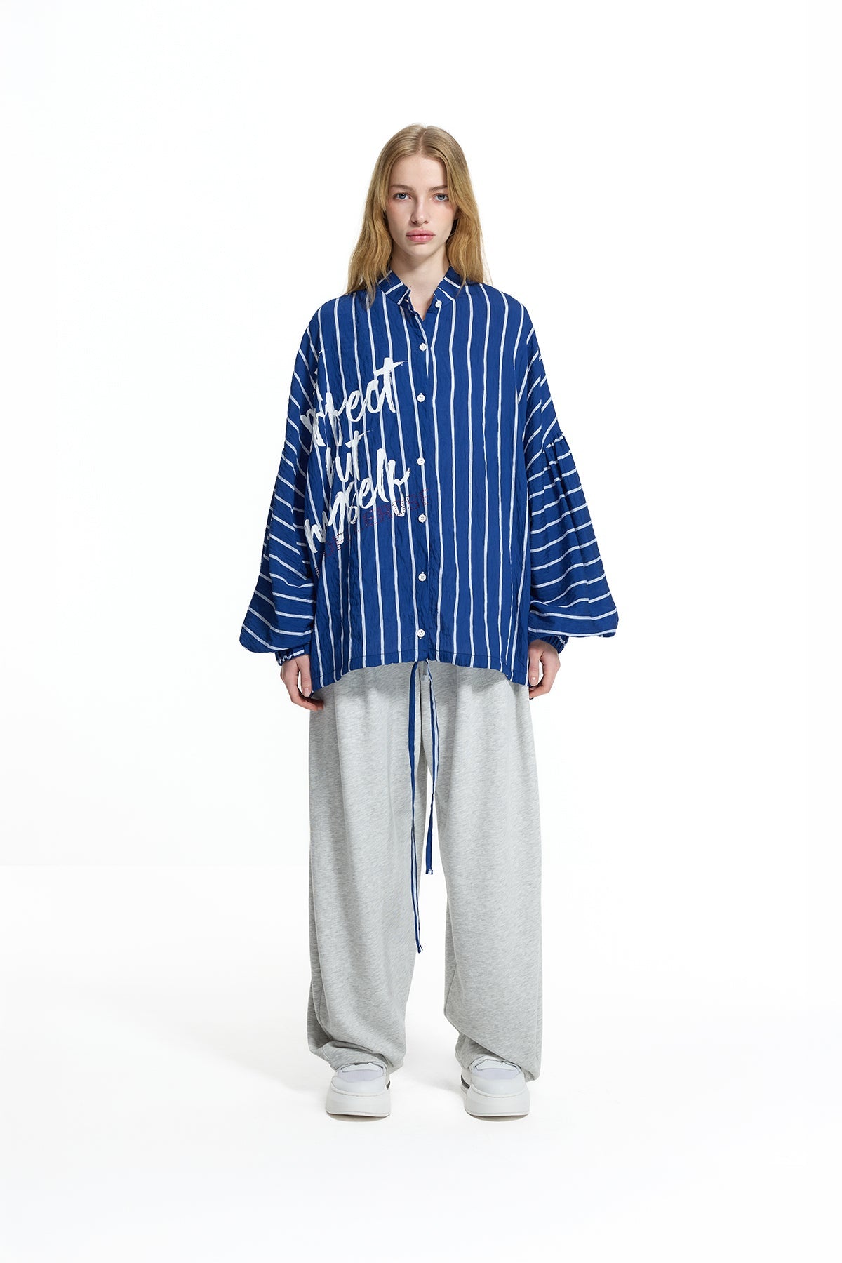 Blue White Text Detail Striped Shirt 19008