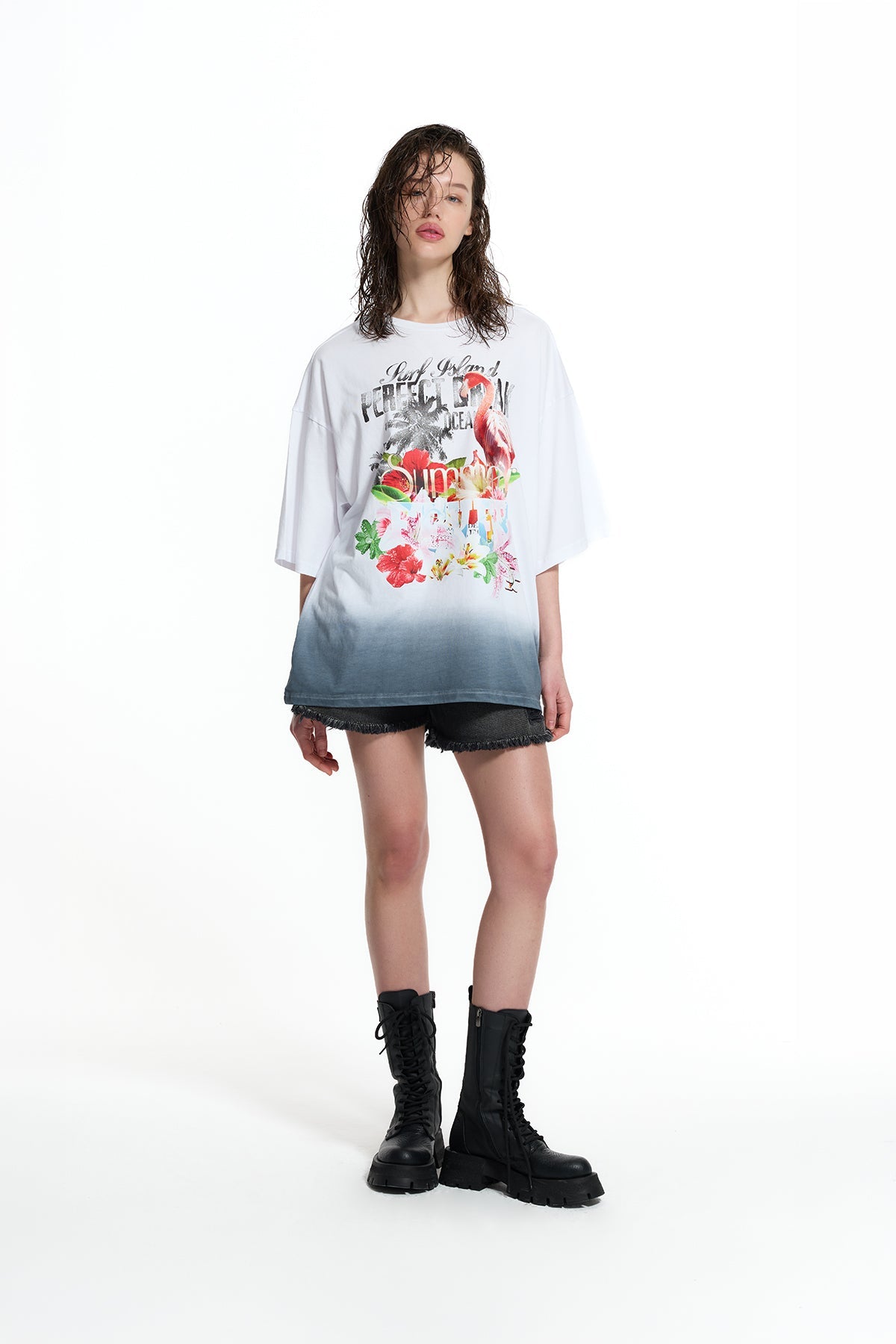 White Oversize Flamingo Print Gradient T-shirt 19012