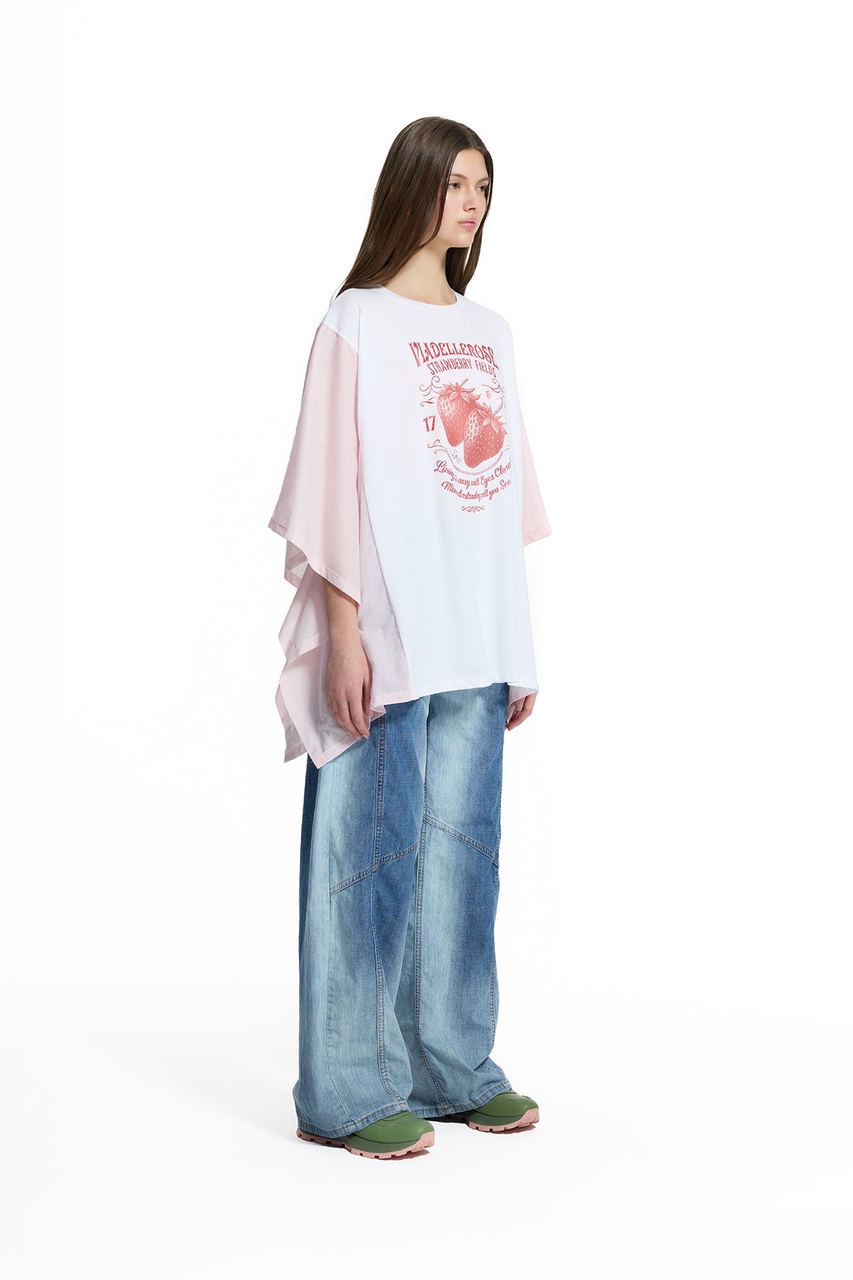 White Pink Front Printed Wide Fit Batwing Sleeve T-shirt T-shirt 19022
