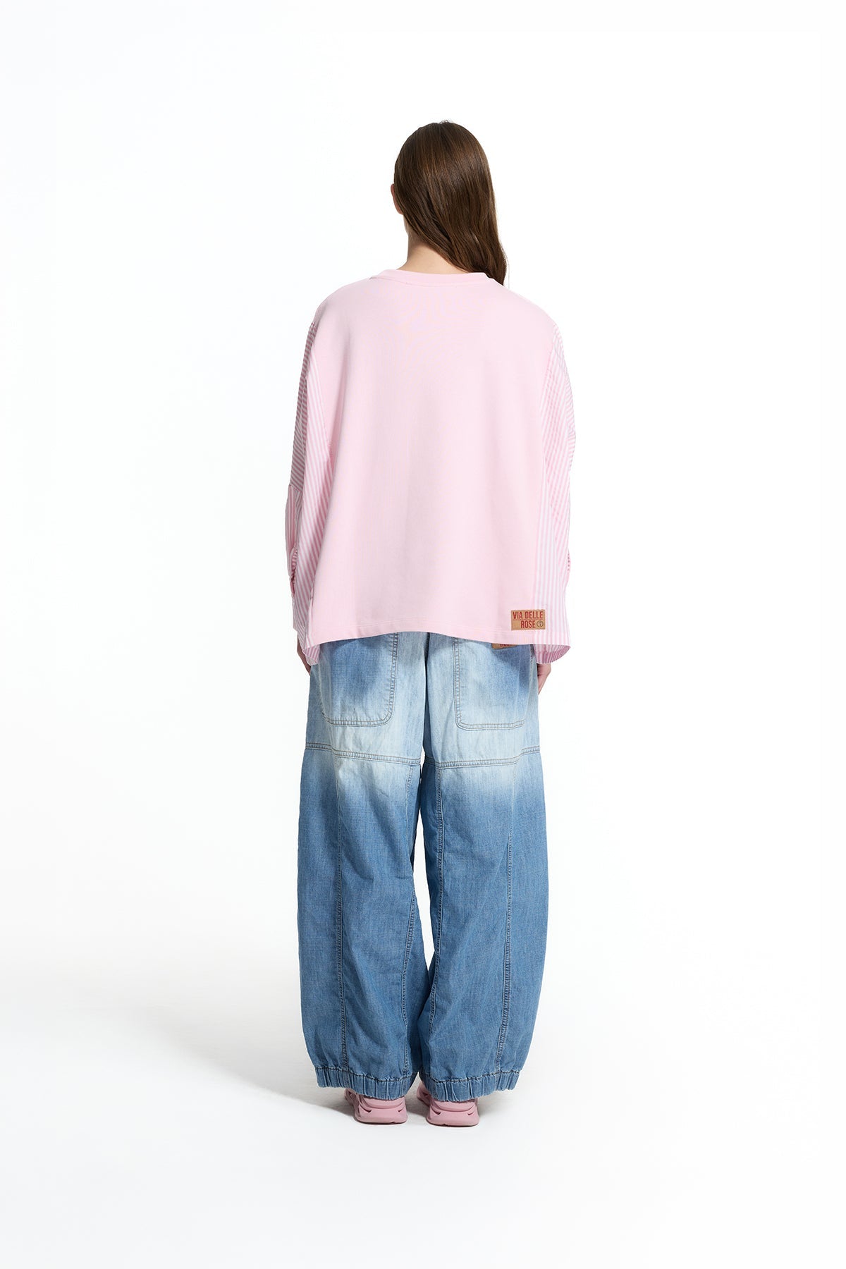 Pink Off White Flamingo Print Striped Sleeve Oversize Sweatshirt 19027