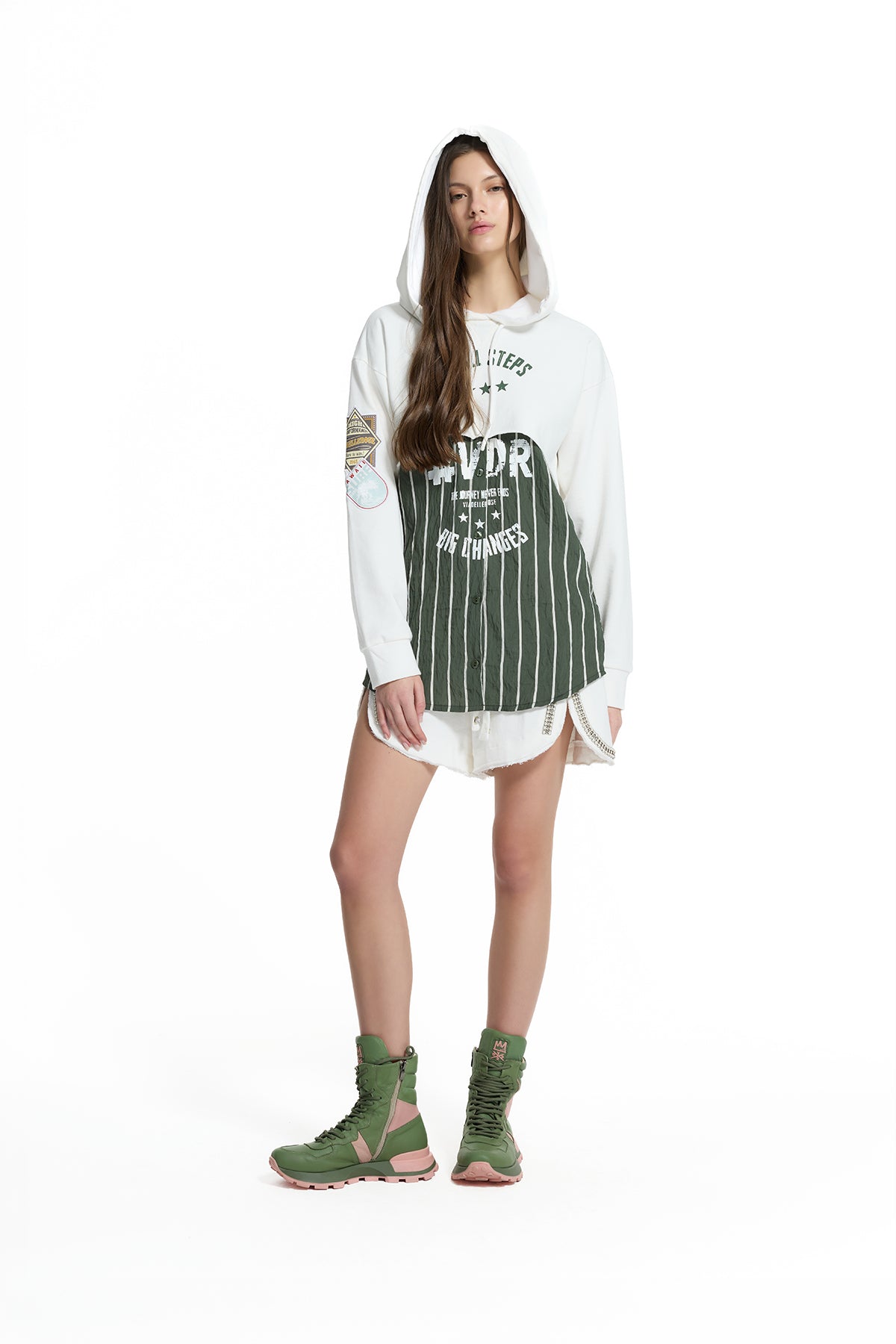 Off White Green Layered Hooded Striped Panel Detail Oversize Tunic Sweatshirt 19028