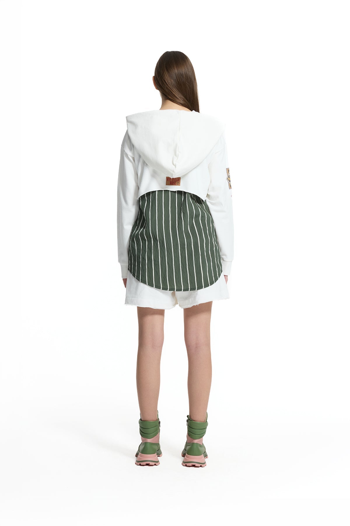Off White Green Layered Hooded Striped Panel Detail Oversize Tunic Sweatshirt 19028