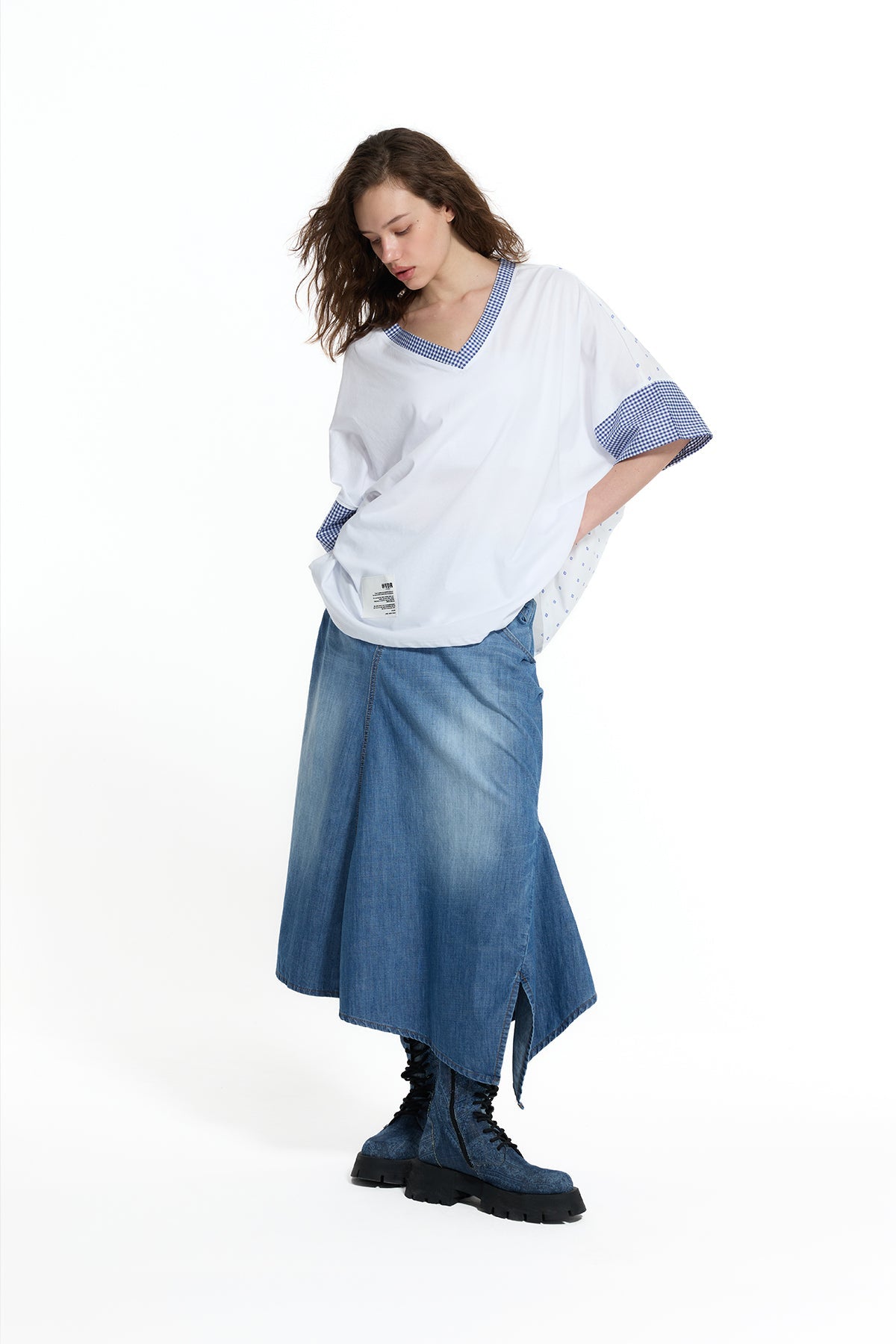 Blue Asymmetric Slit Detail Long Denim Skirt 19052