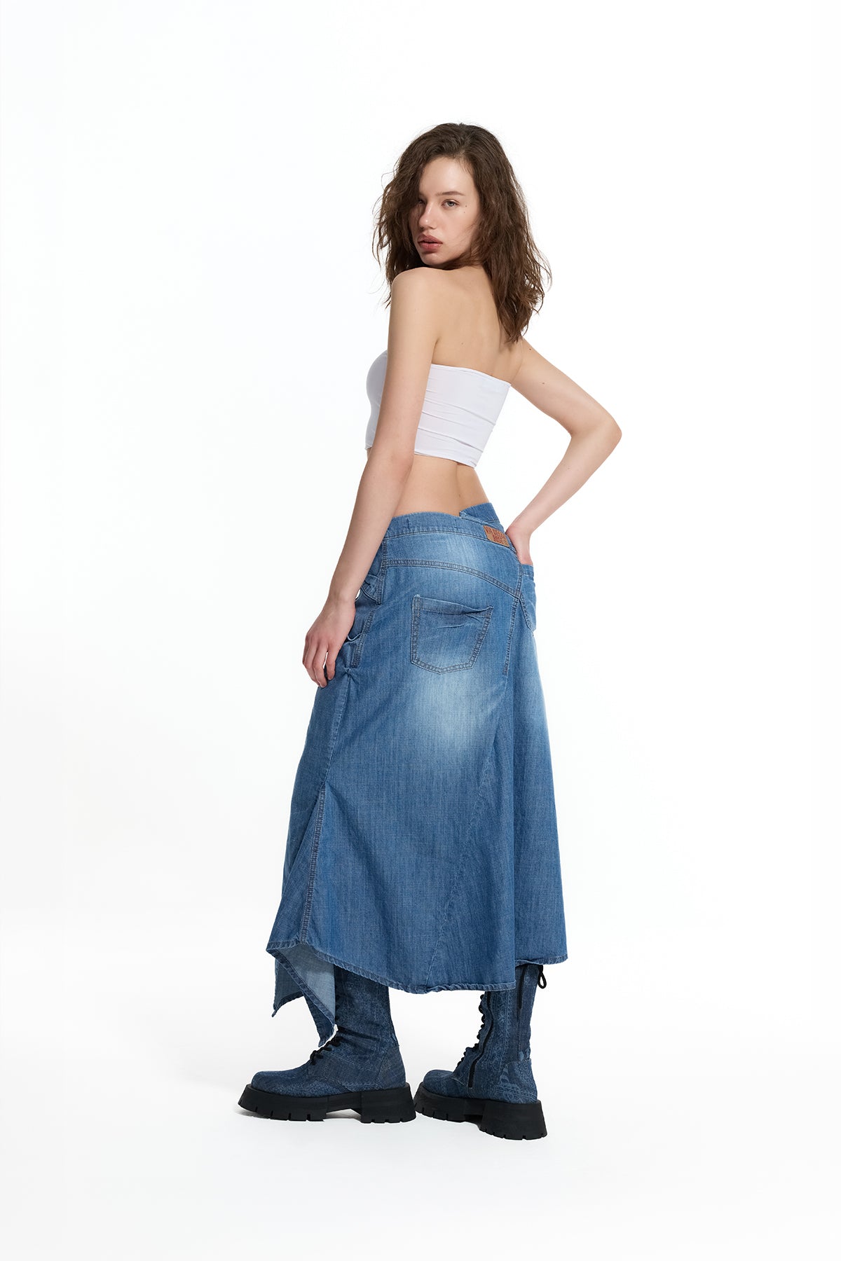 Blue Asymmetric Slit Detail Long Denim Skirt 19052