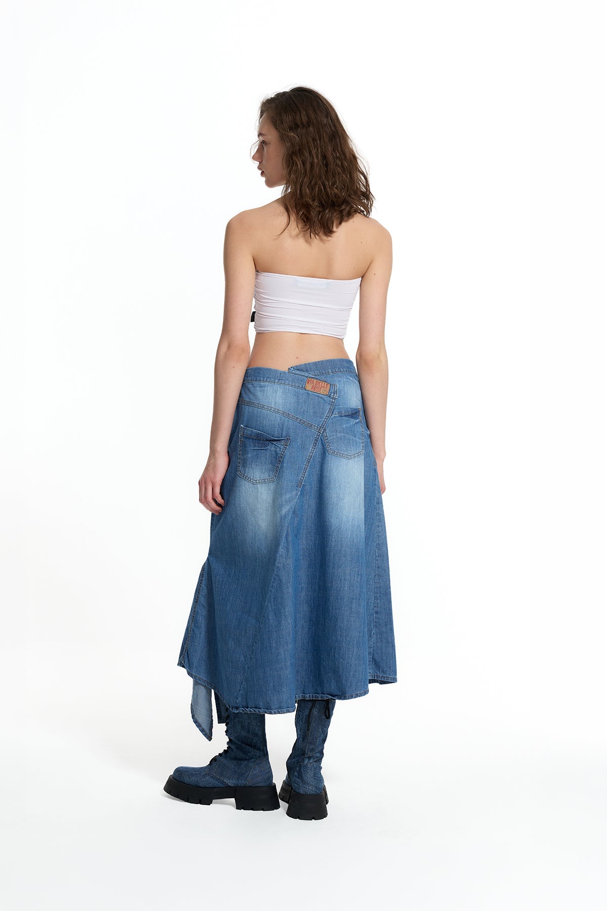 Blue Asymmetric Slit Detail Long Denim Skirt 19052