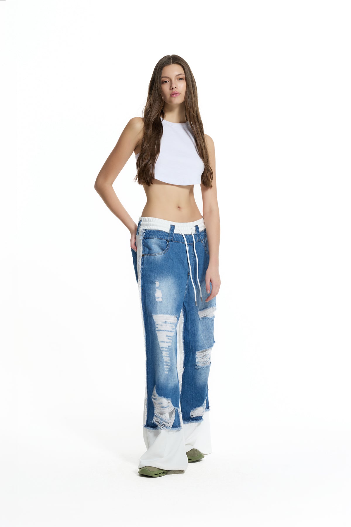 Blue Off White Contrast Fabric Distressed Denim Wide Leg Trousers 19062