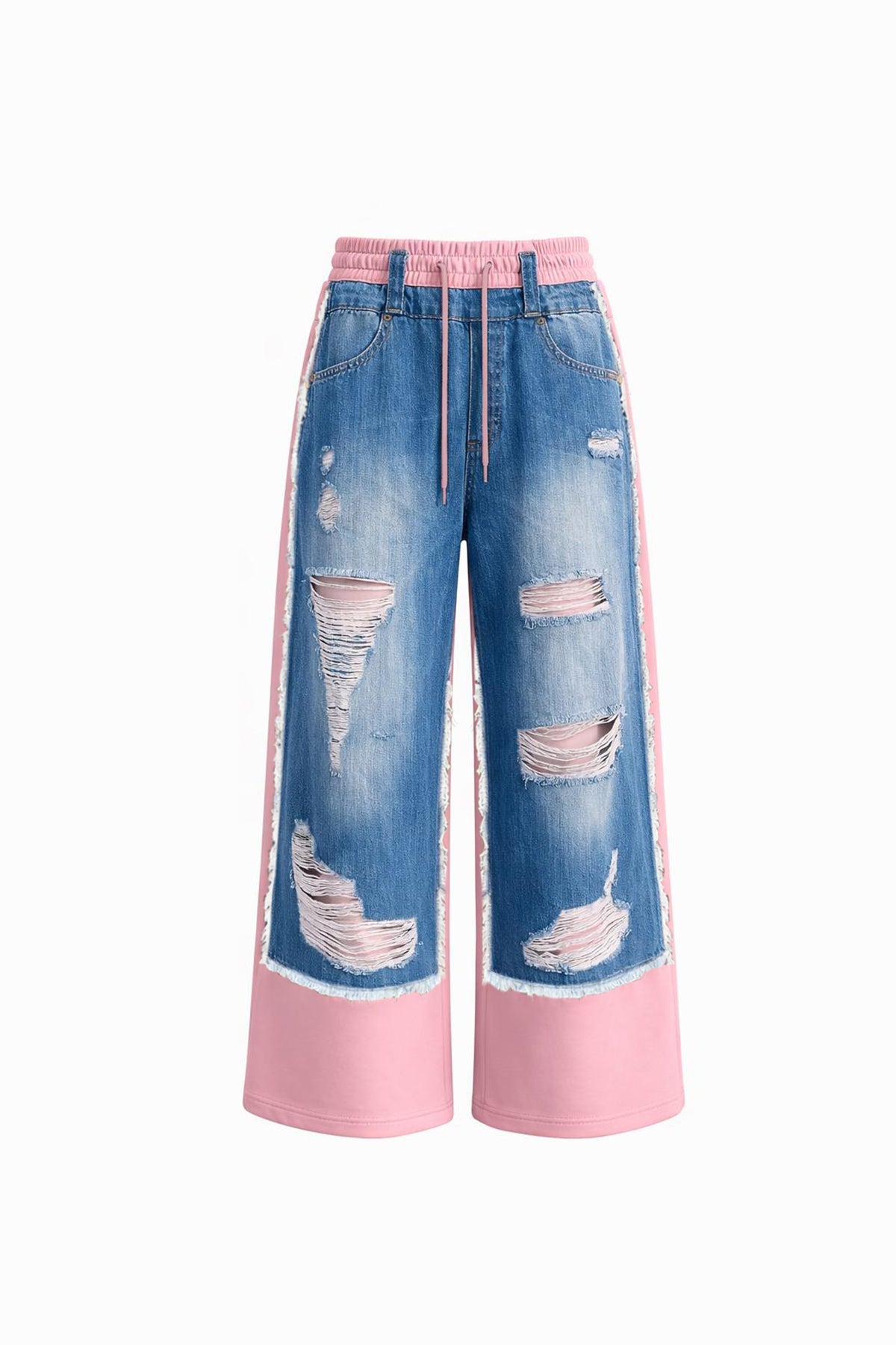 Blue Pink Contrast Fabric Distressed Denim Wide Leg Trousers 19062