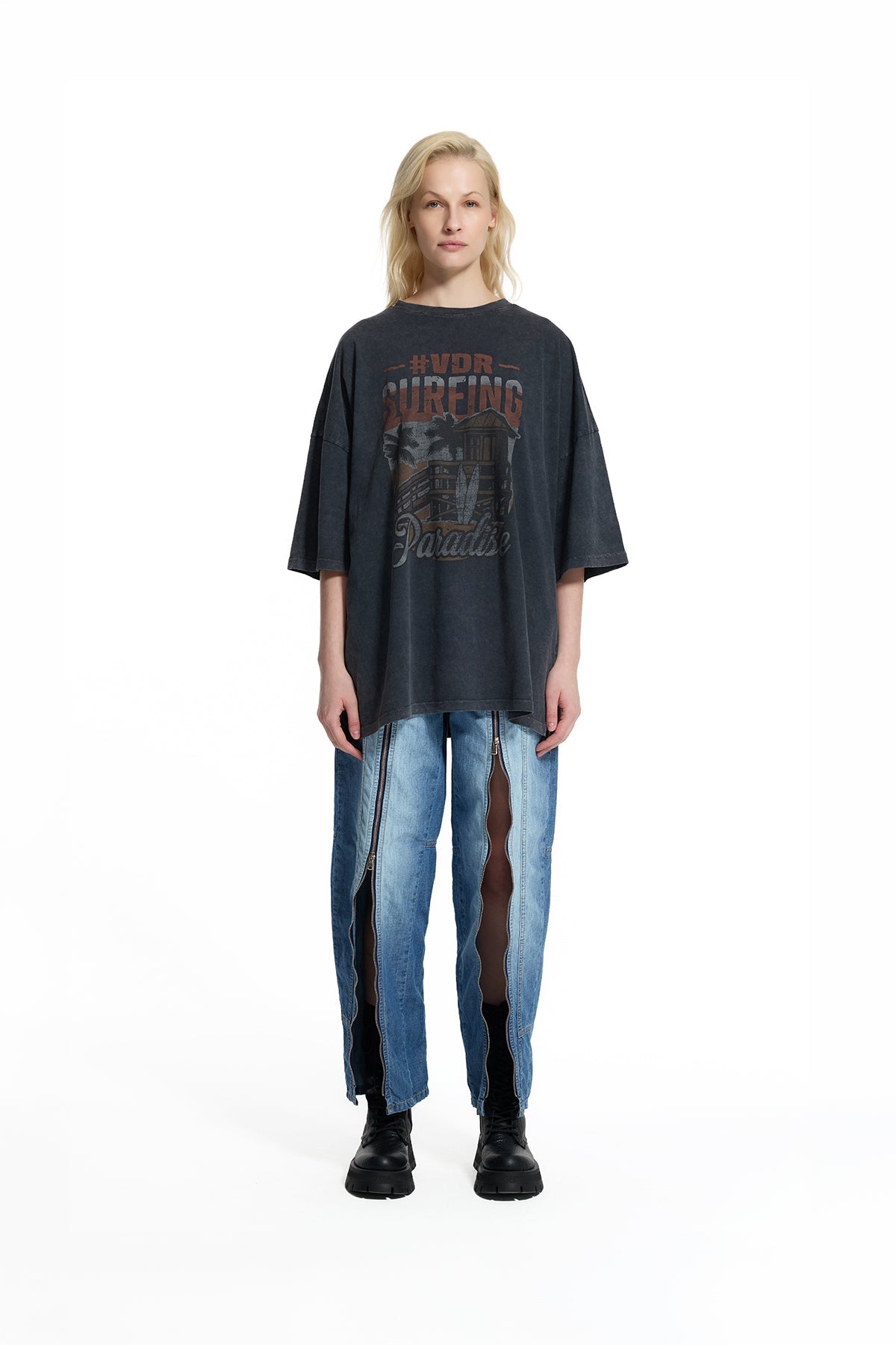 Blue Zipper Stripe Detail Tapered Leg Denim Trousers 19066