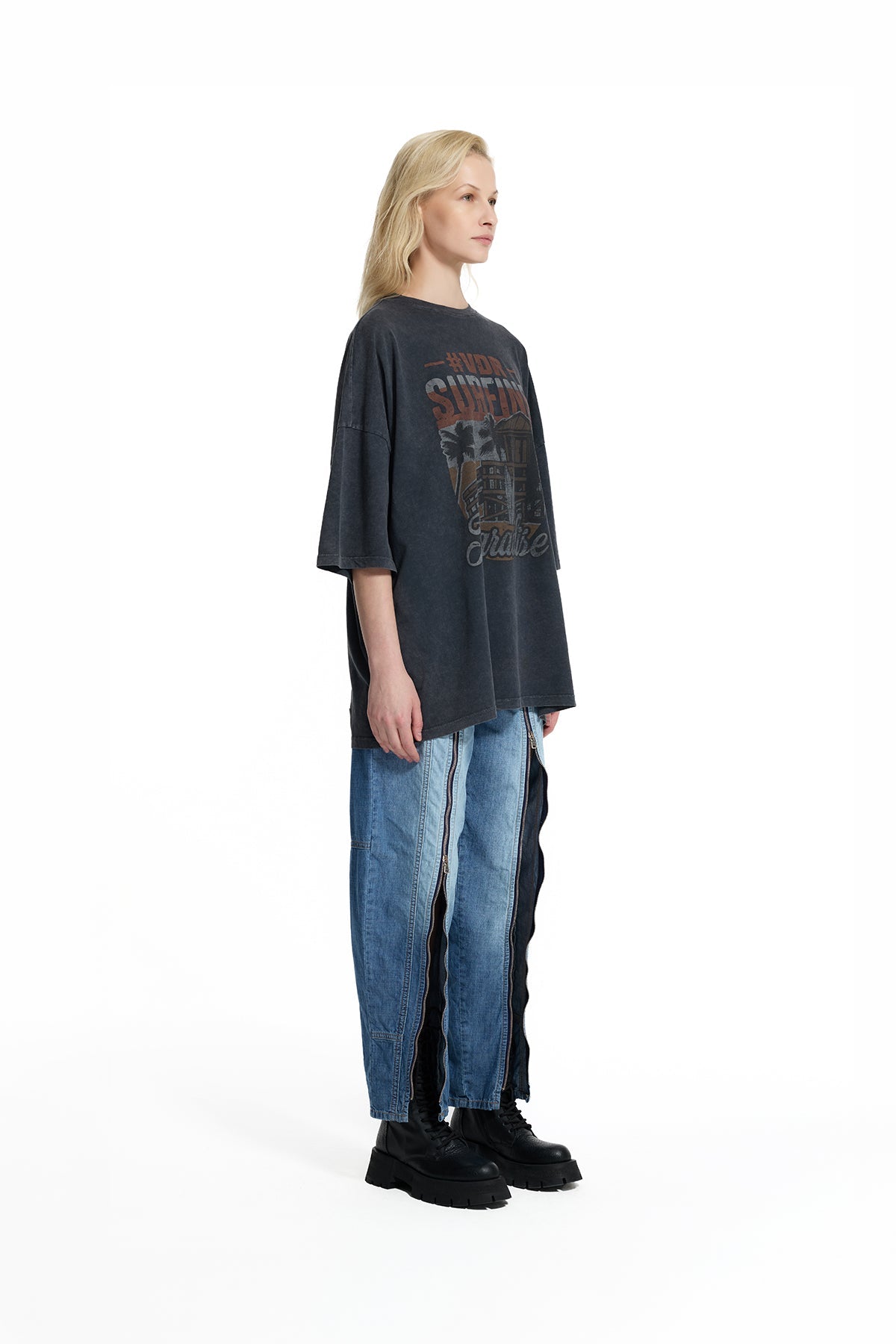 Blue Zipper Stripe Detail Tapered Leg Denim Trousers 19066