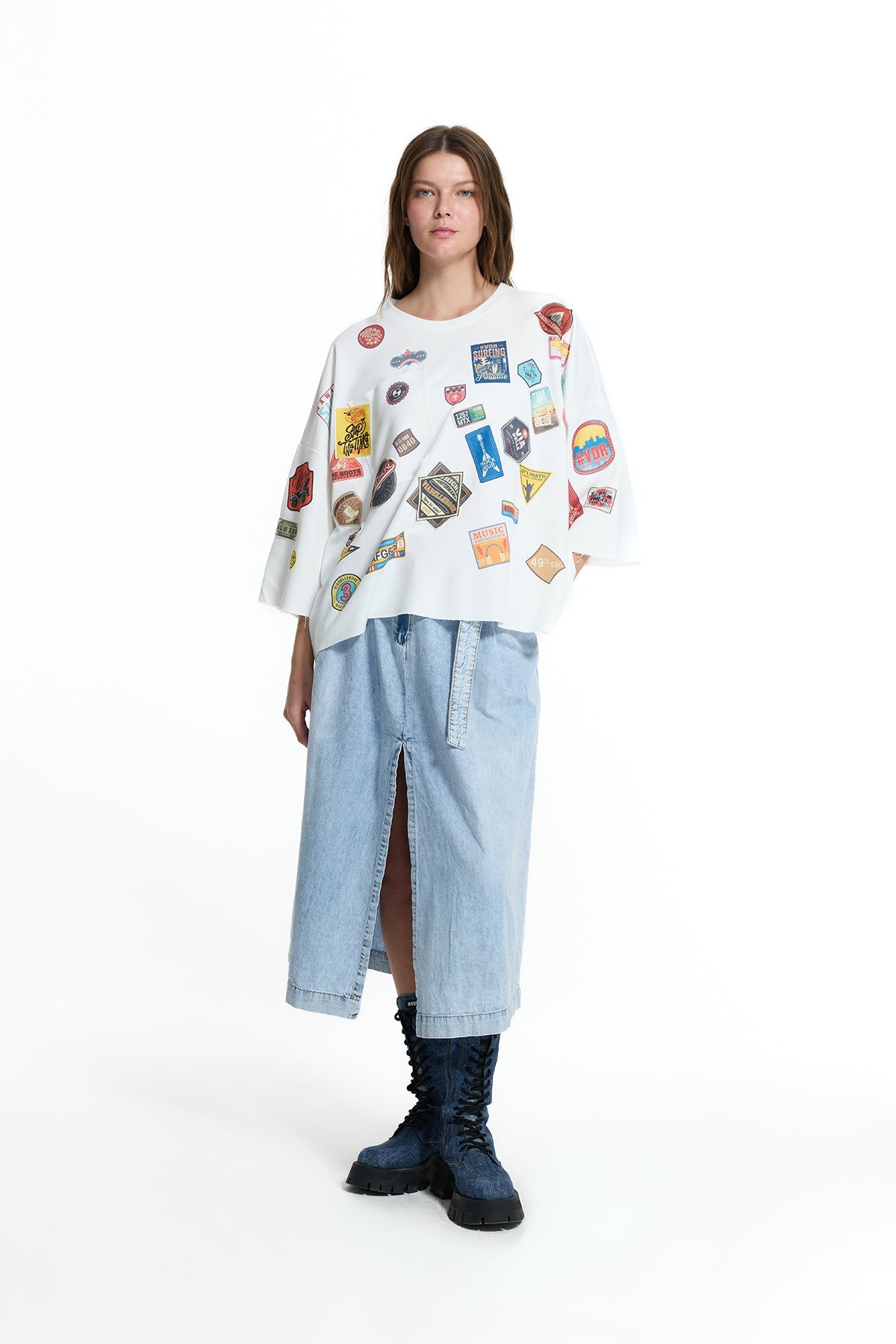 White Patch Detail Oversize Half Sleeve Sweatshirt 19074