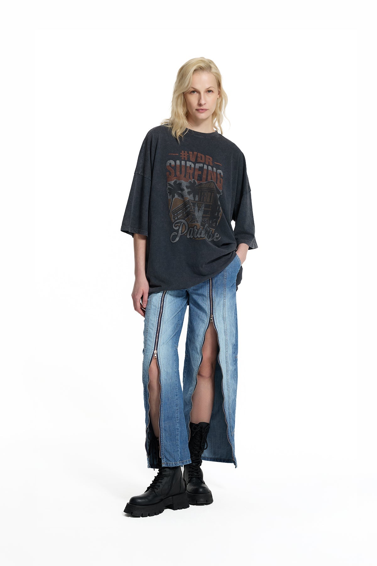 Black Graphic Print Washed Oversize T-shirt 19085