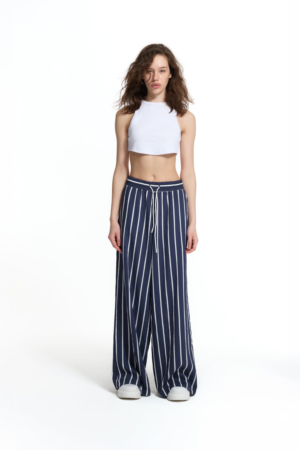 Blue White Draped Striped Wide Leg Trousers 19087
