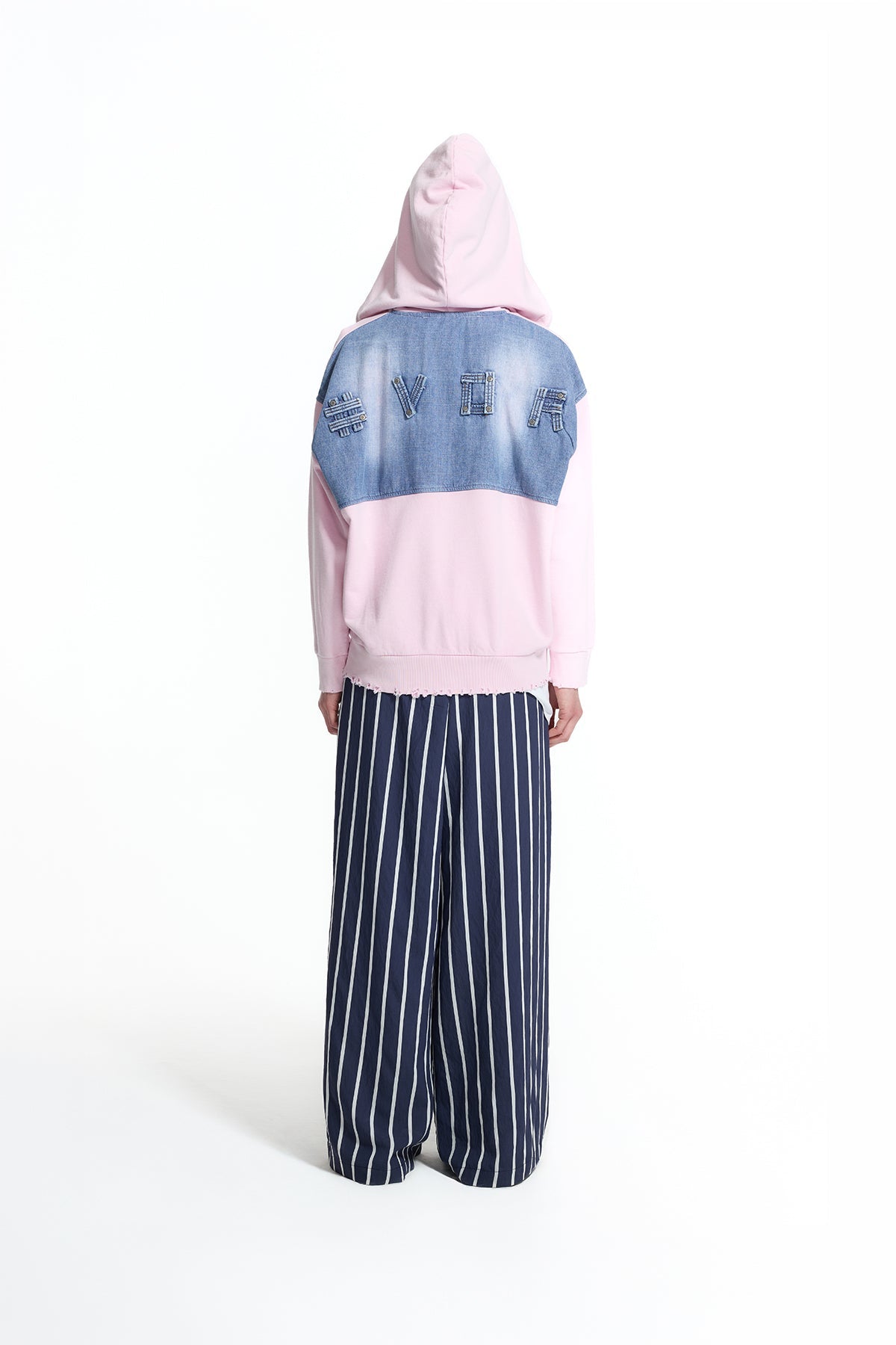 Pink Blue Denim Pocket Detail Hooded Oversize Sweatshirt 19092