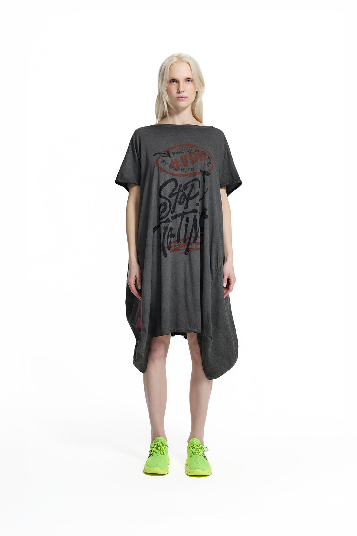 Black Washed Graphic Expression Oversized T-shirt Dress 19095