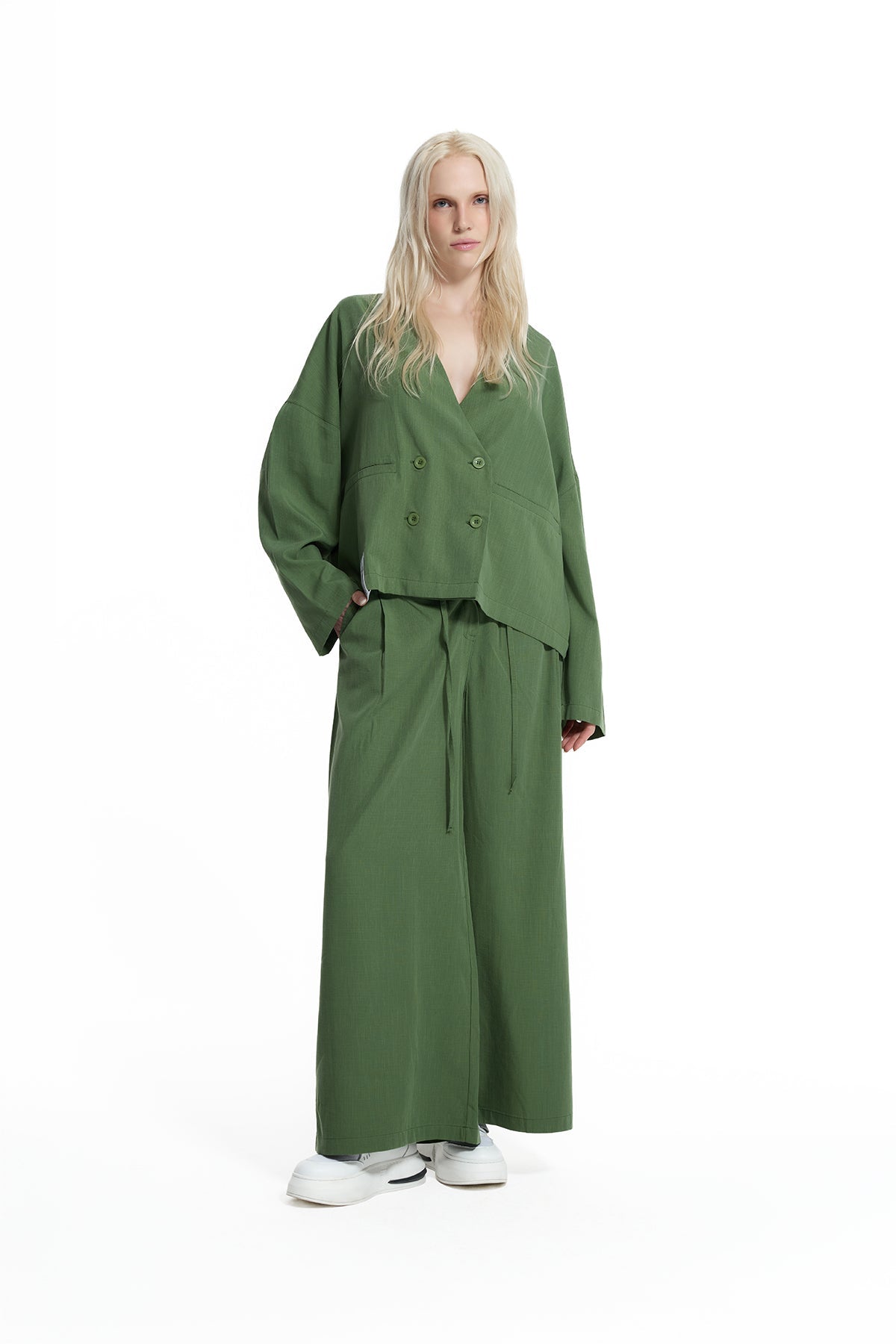 Khaki Draped Wide-leg Drawstring Trousers 19096