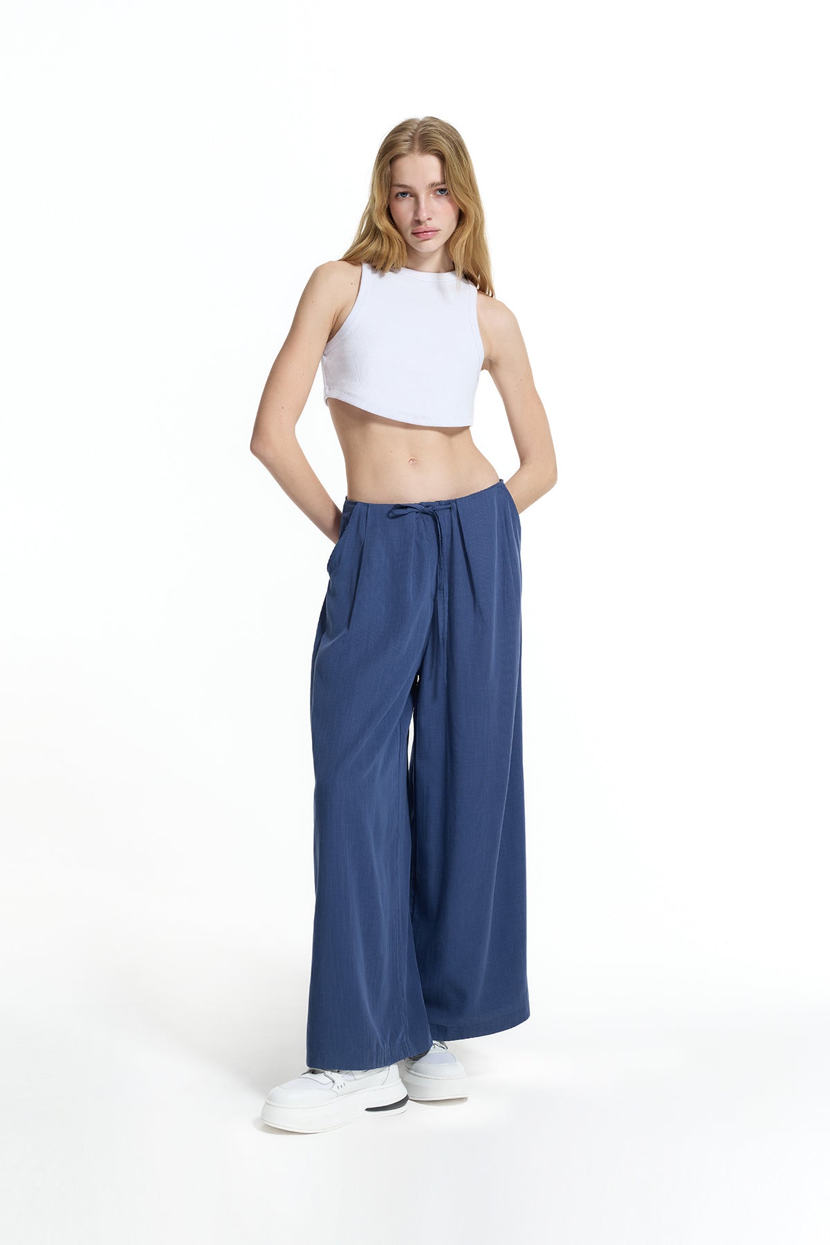 Cobalt Blue Draped Wide-leg Drawstring Trousers 19096