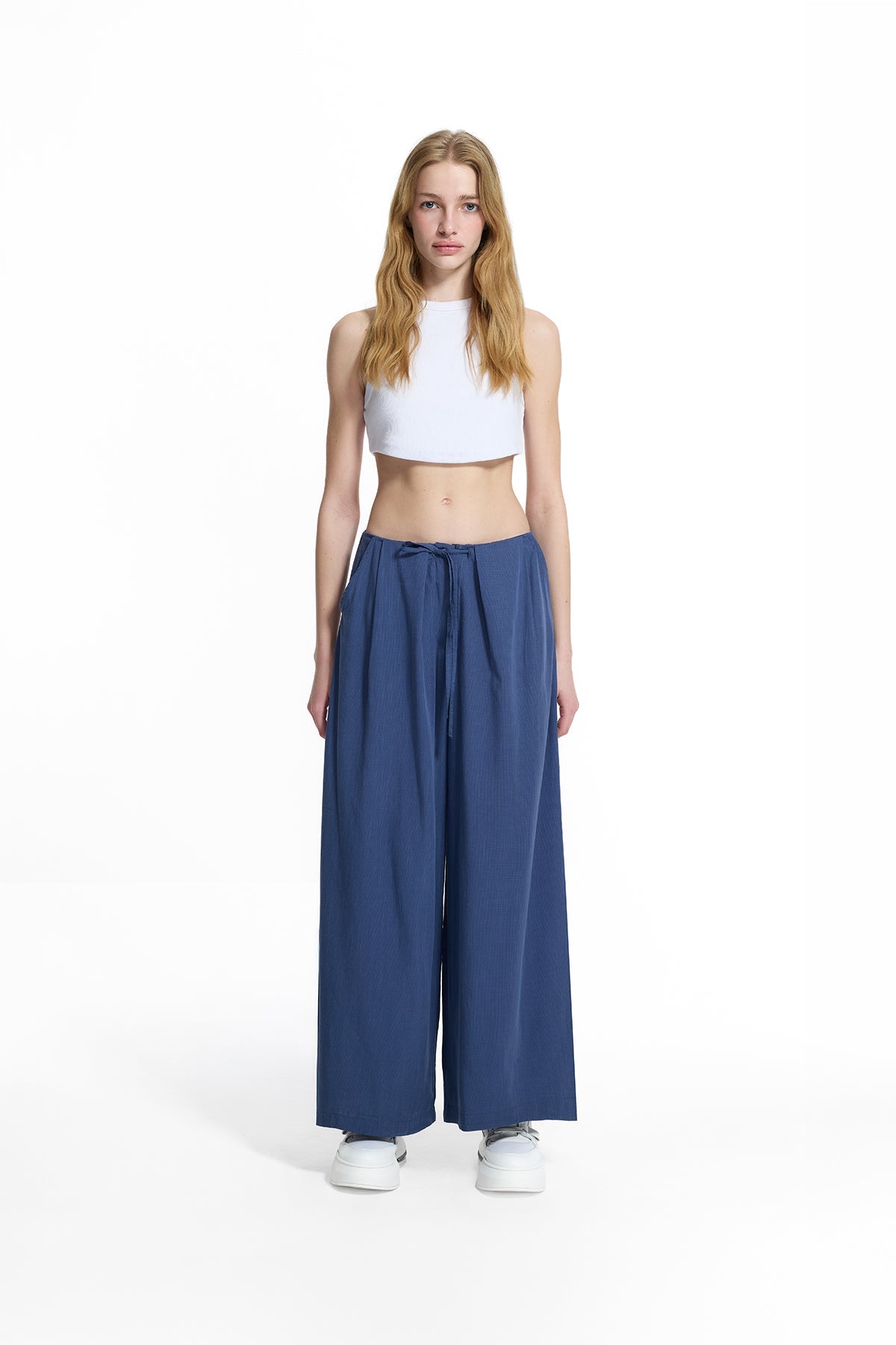 Cobalt Blue Draped Wide-leg Drawstring Trousers 19096