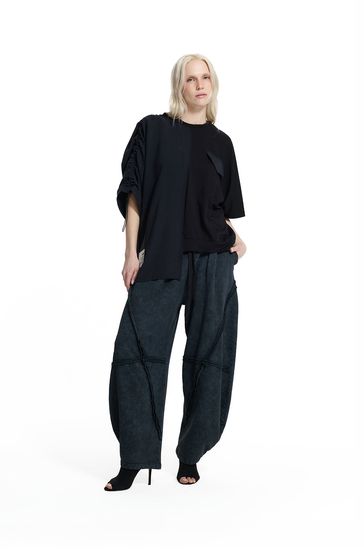 Black Asymmetric Pocket Detail Blouse 19104