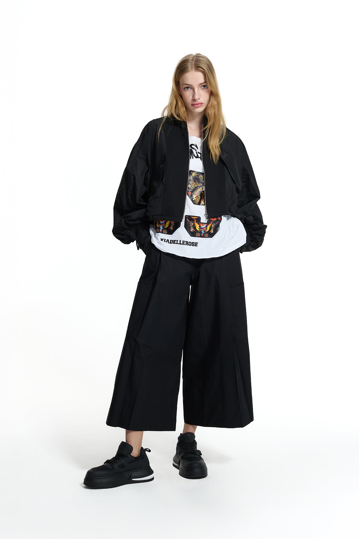 Black Balloon Sleeve Crop Bomber Jacket 19111