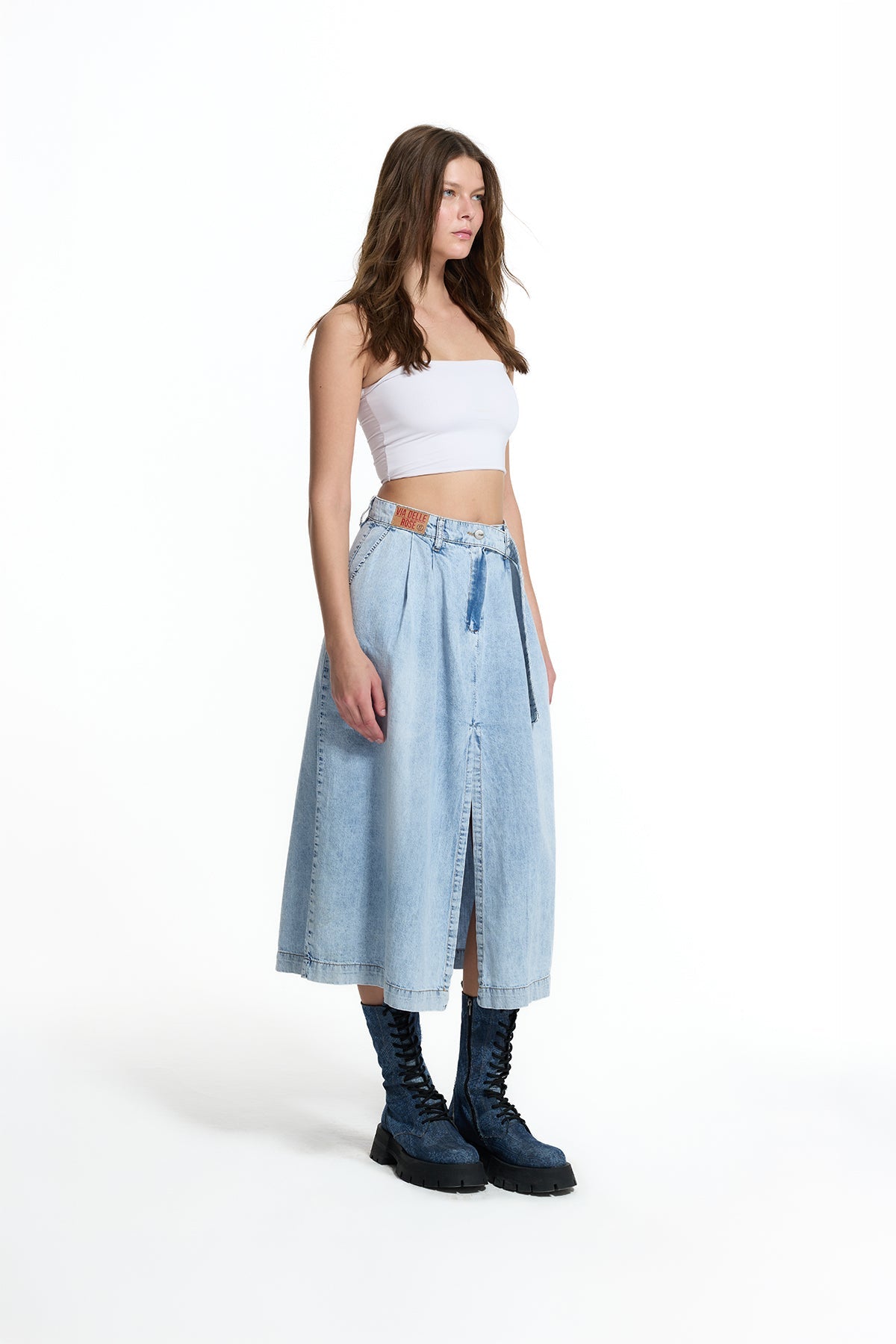Ice Blue Belted Culotte Denim Skirt 19123