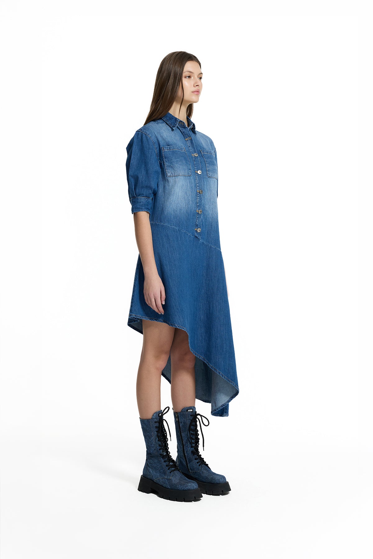 Blue Asymmetric Denim Shirt Dress 19124