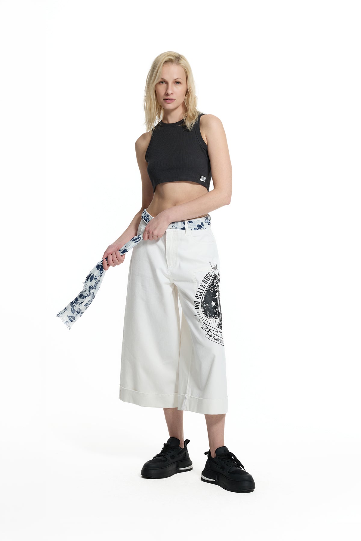 White Patch Print Belted Trousers 19131