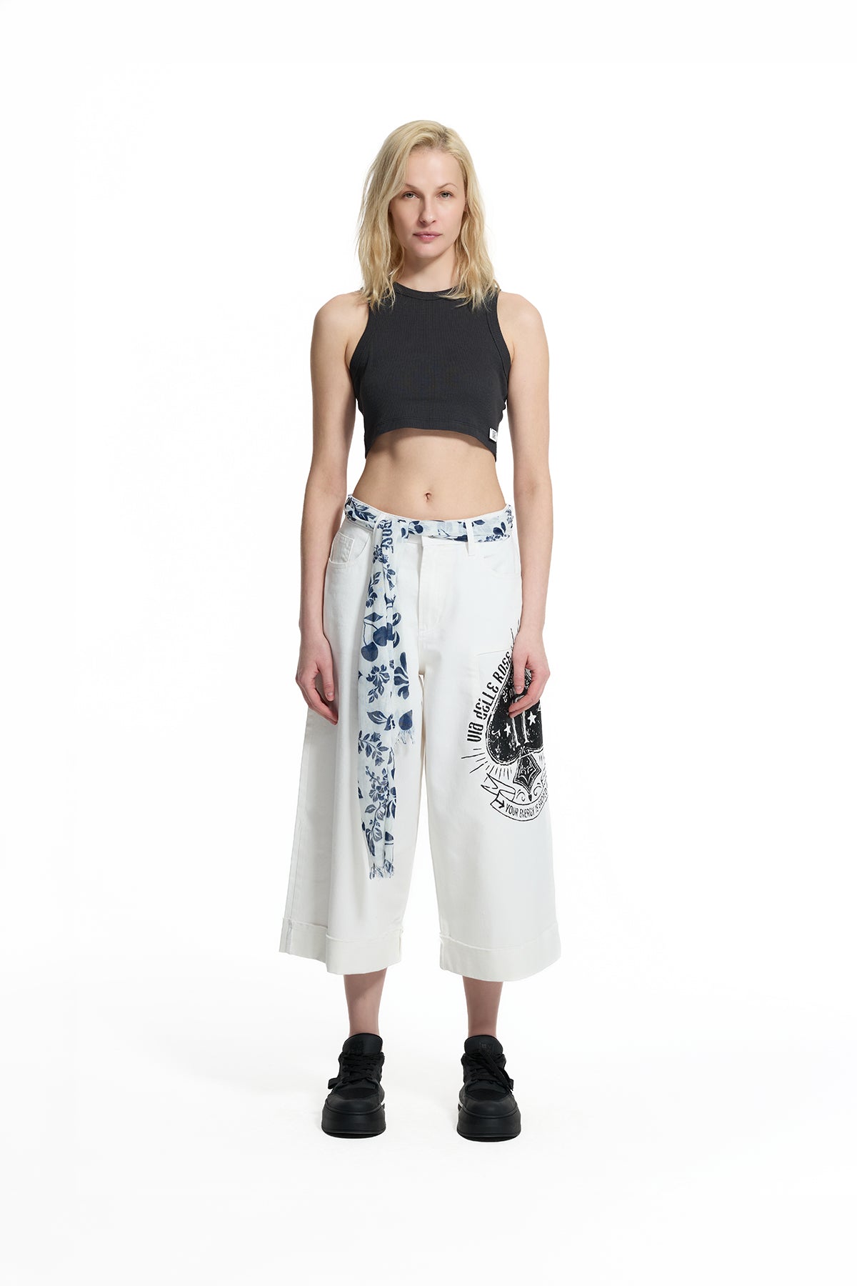 White Patch Print Belted Trousers 19131