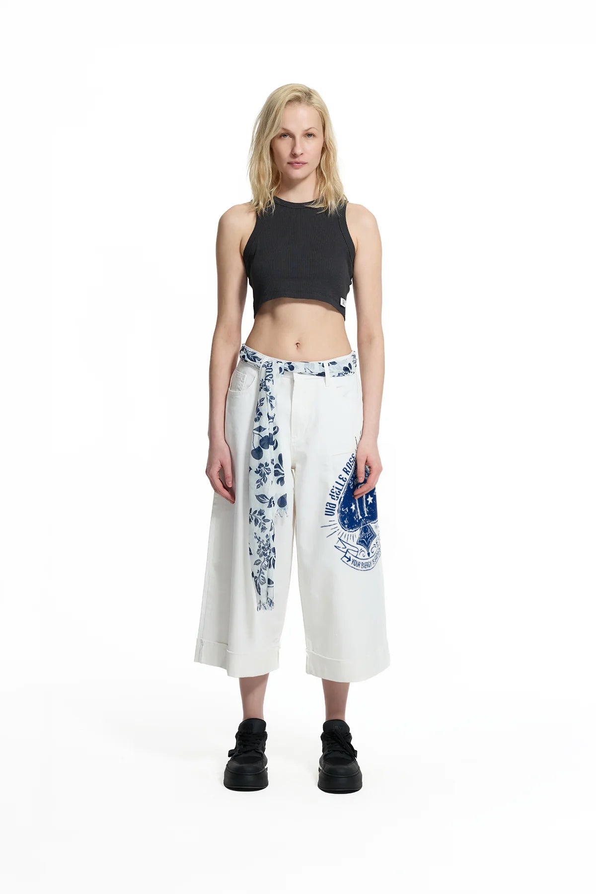 White Patch Print Belted Trousers 19131