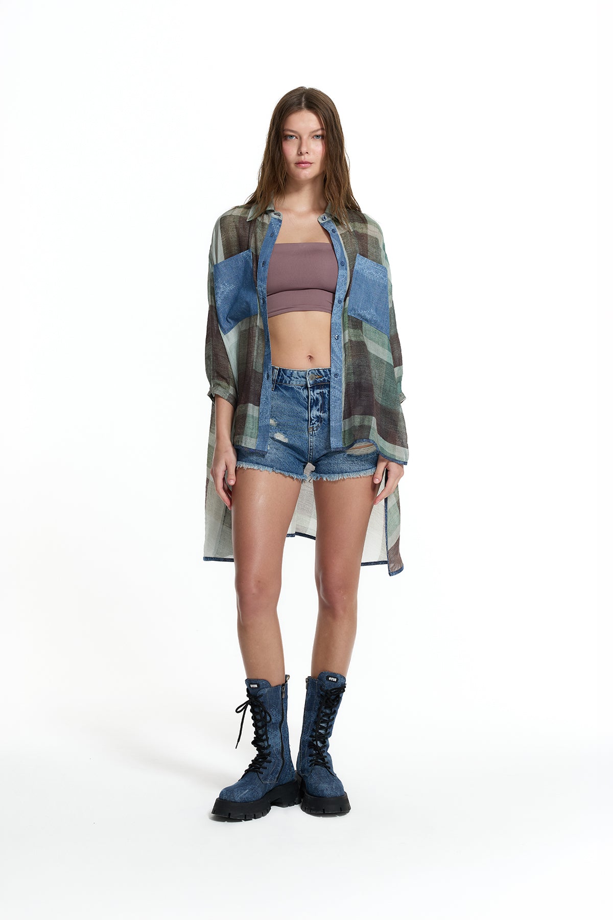Green Denim Patch Plaid Shirt 19134