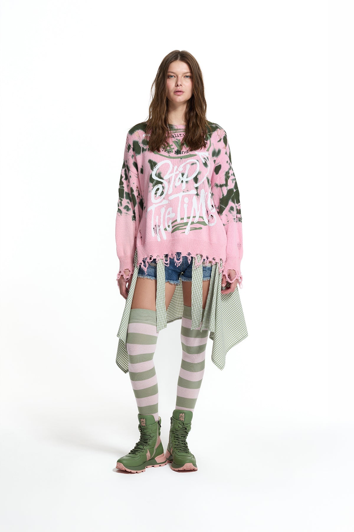 Pink Khaki Tie-dye Fringe Knit Sweater 19158