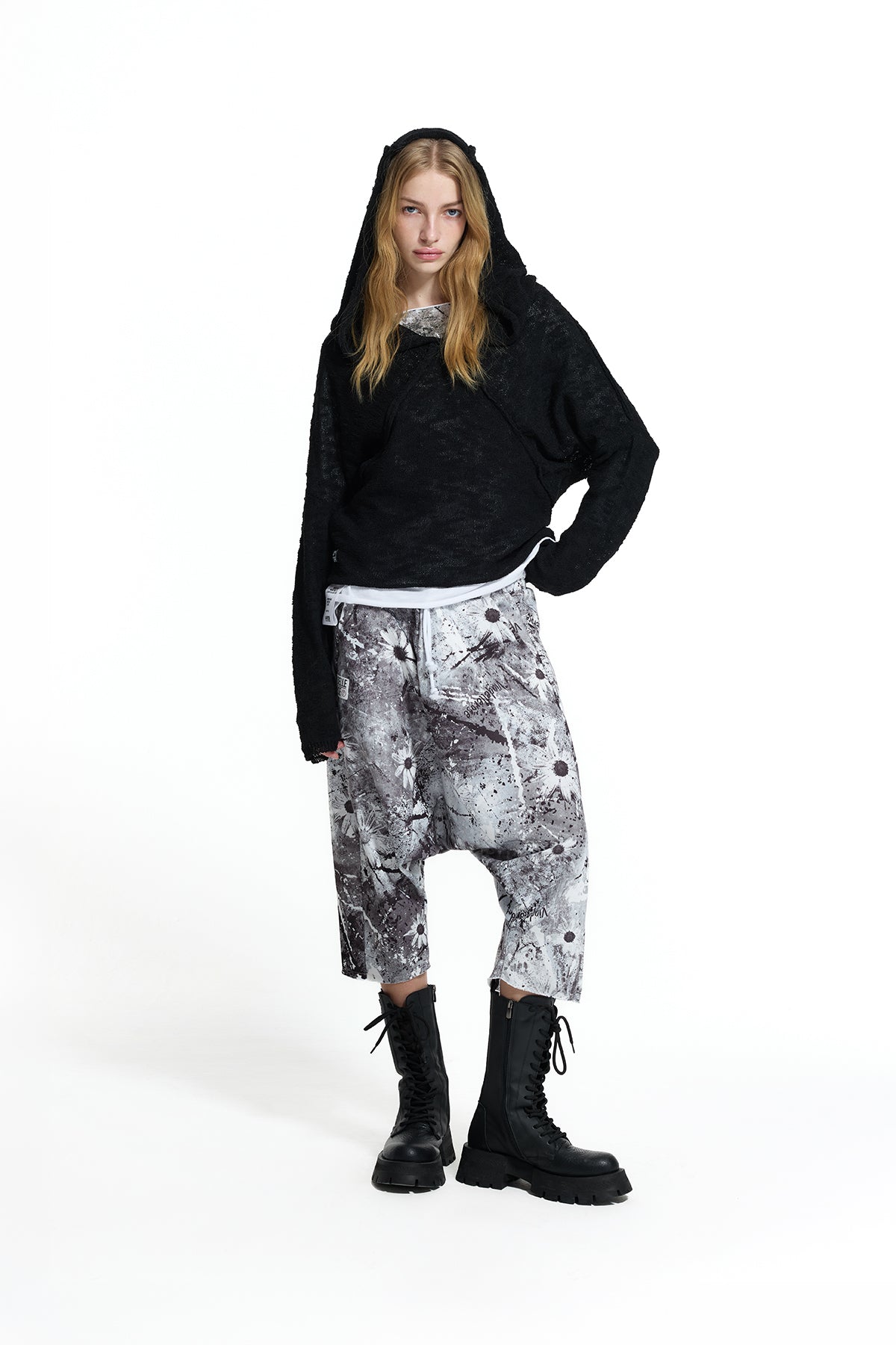 Black Hooded Seam Detail Knit Sweater 19163