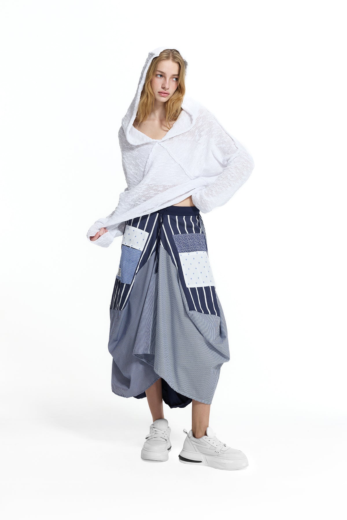 White Hooded Seam Detail Knit Sweater 19163