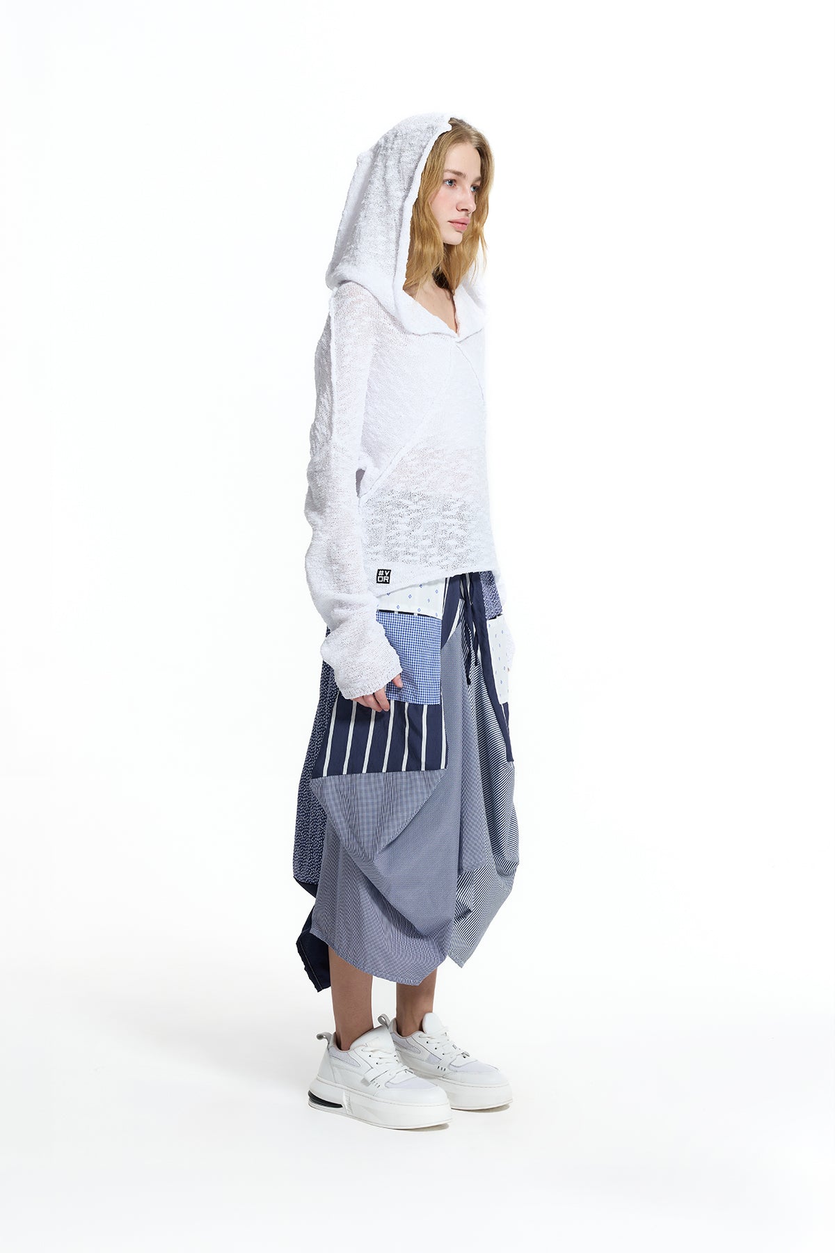 White Hooded Seam Detail Knit Sweater 19163
