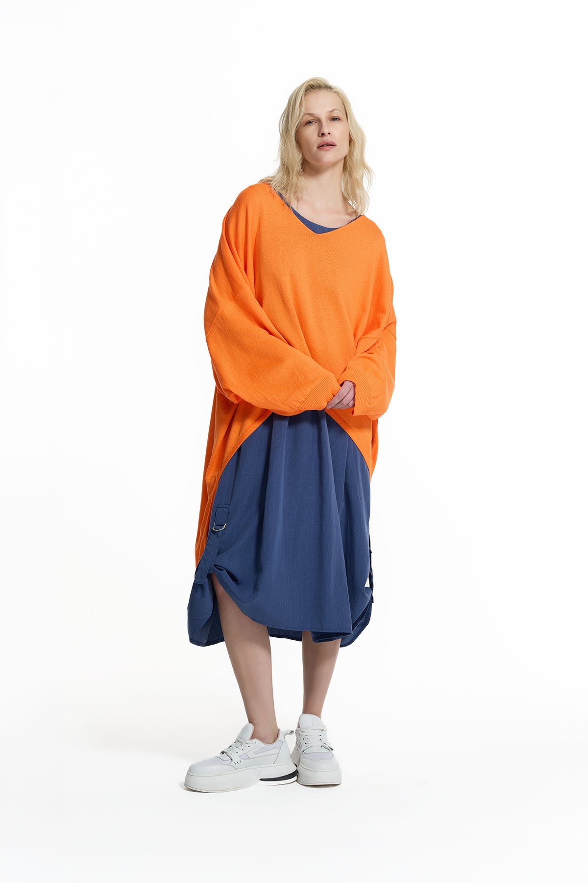 Orange High-low Printed Knit Sweater 19171
