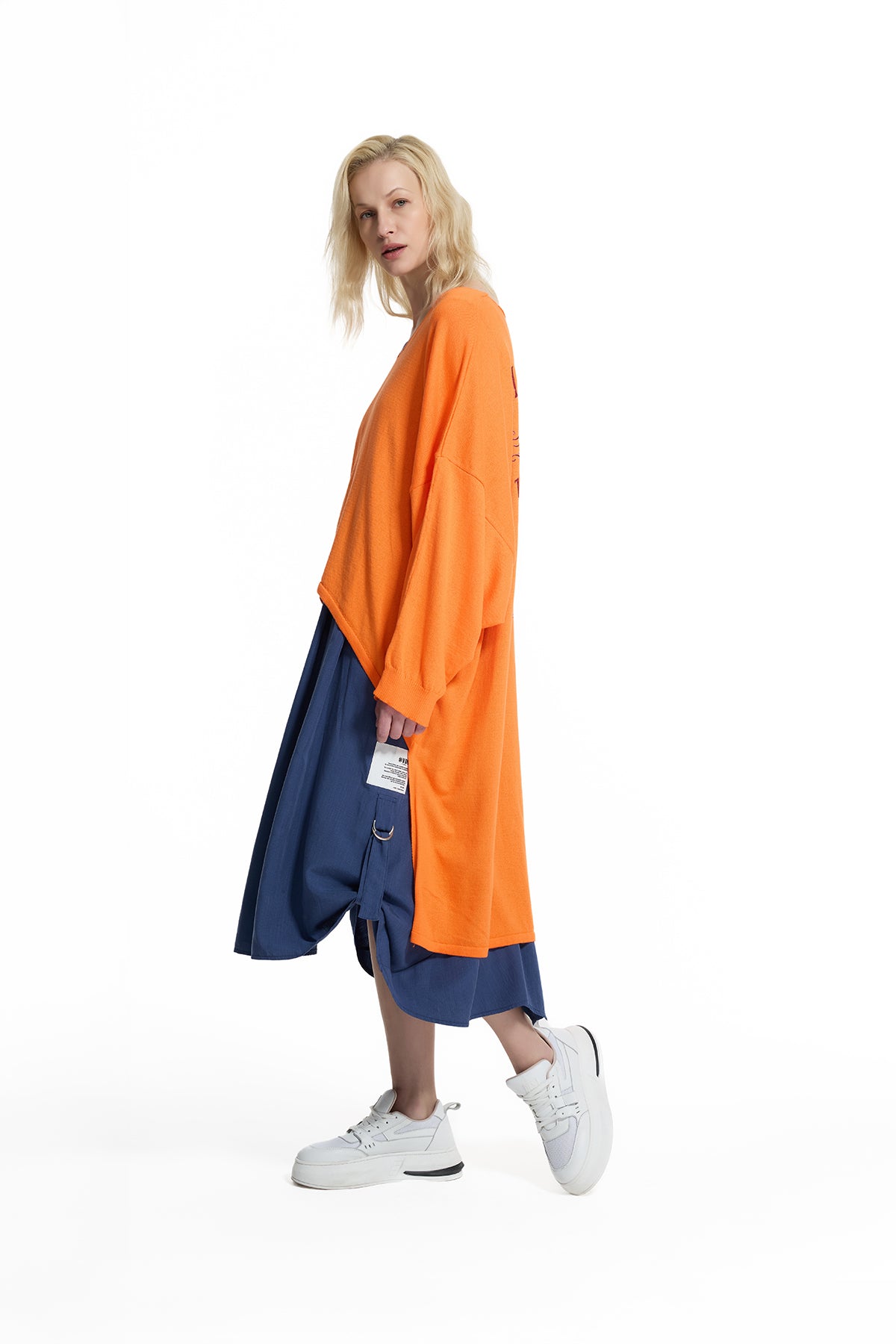 Orange High-low Printed Knit Sweater 19171