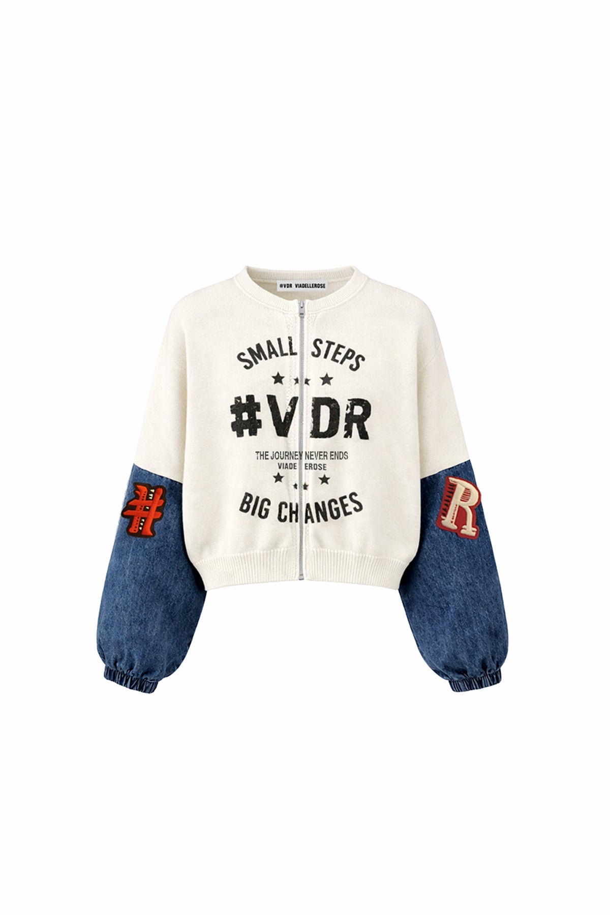 Off White Blue Contrast Denim Sleeve Bomber Knit Sweater 19173