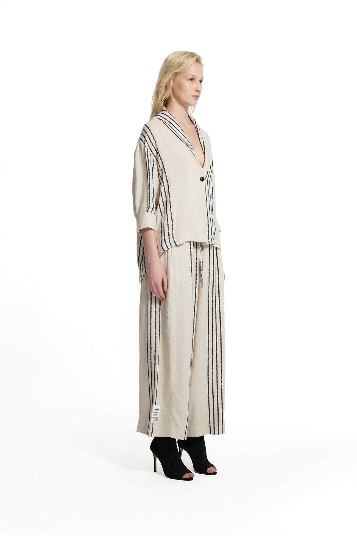 Beige Black Striped Linen Shirt Jacket 19179