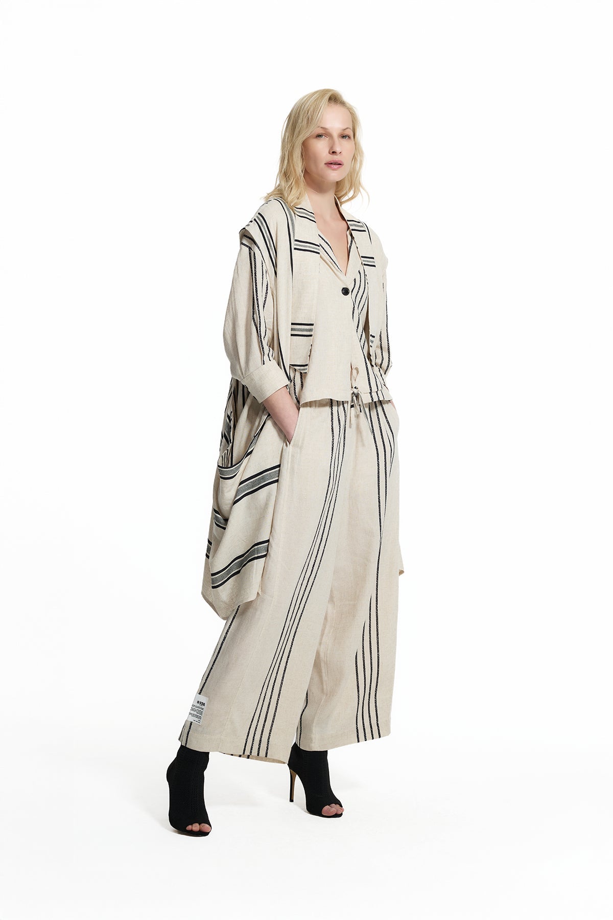 Beige Black Striped Linen Long Coat 19180
