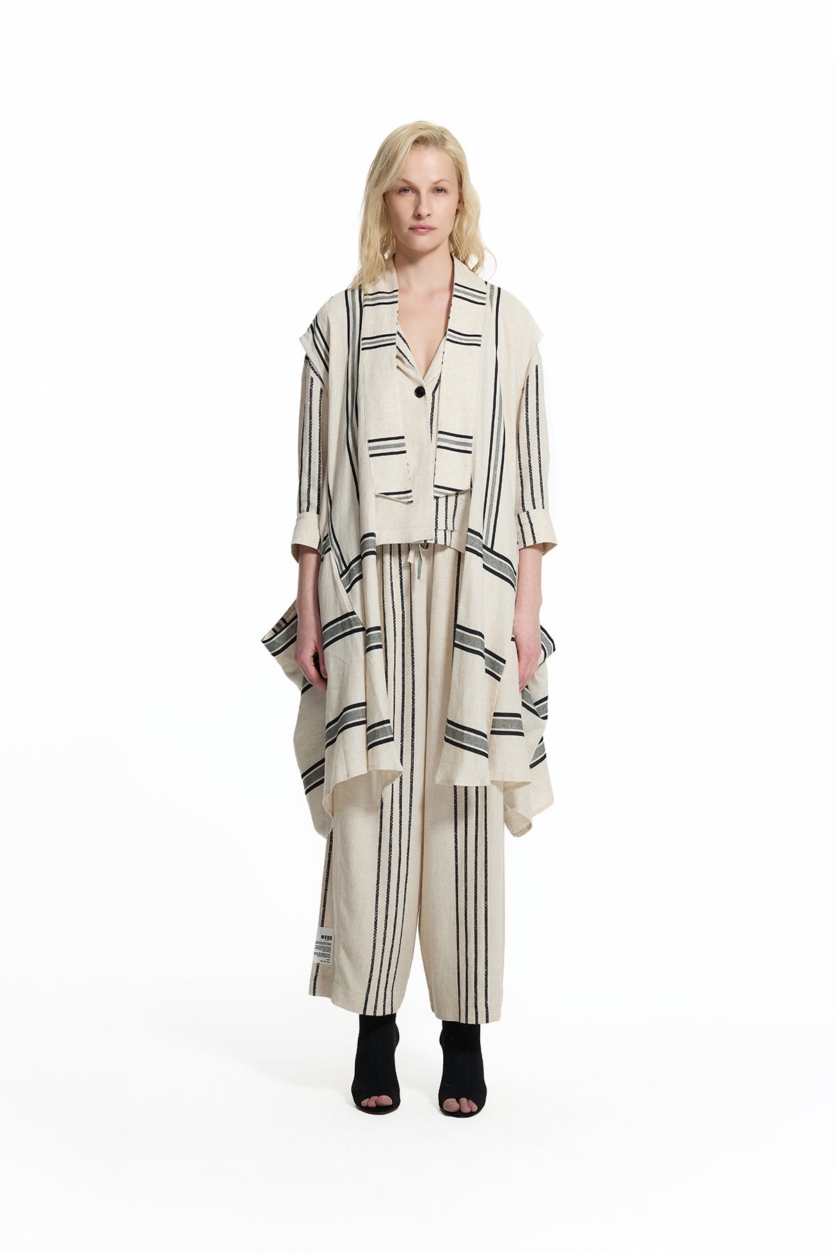 Beige Black Striped Linen Long Coat 19180