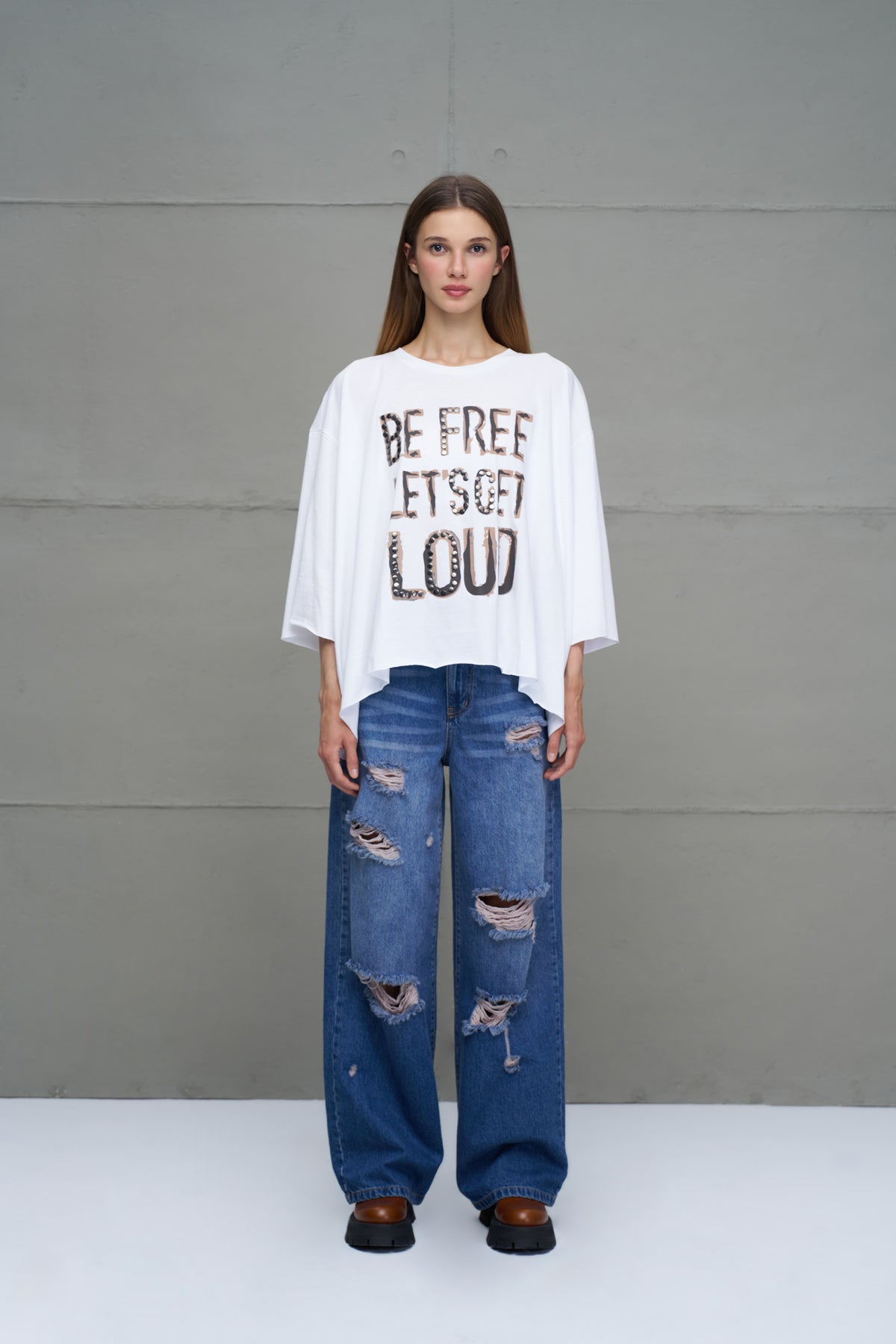 White Slogan Asymmetric Oversized T-shirt 18035