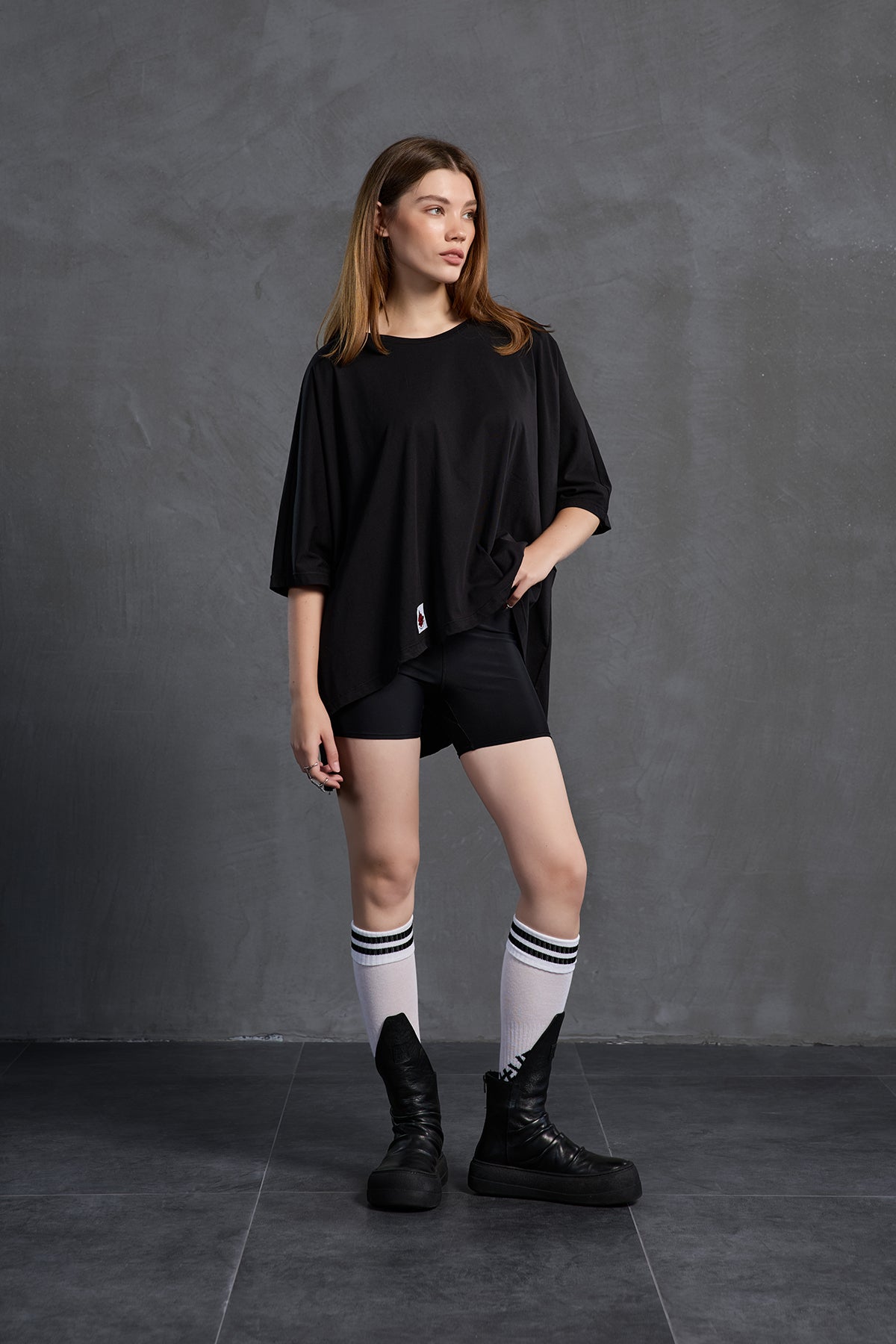 Black Printed Asymmetric Oversized T-shirt 18037