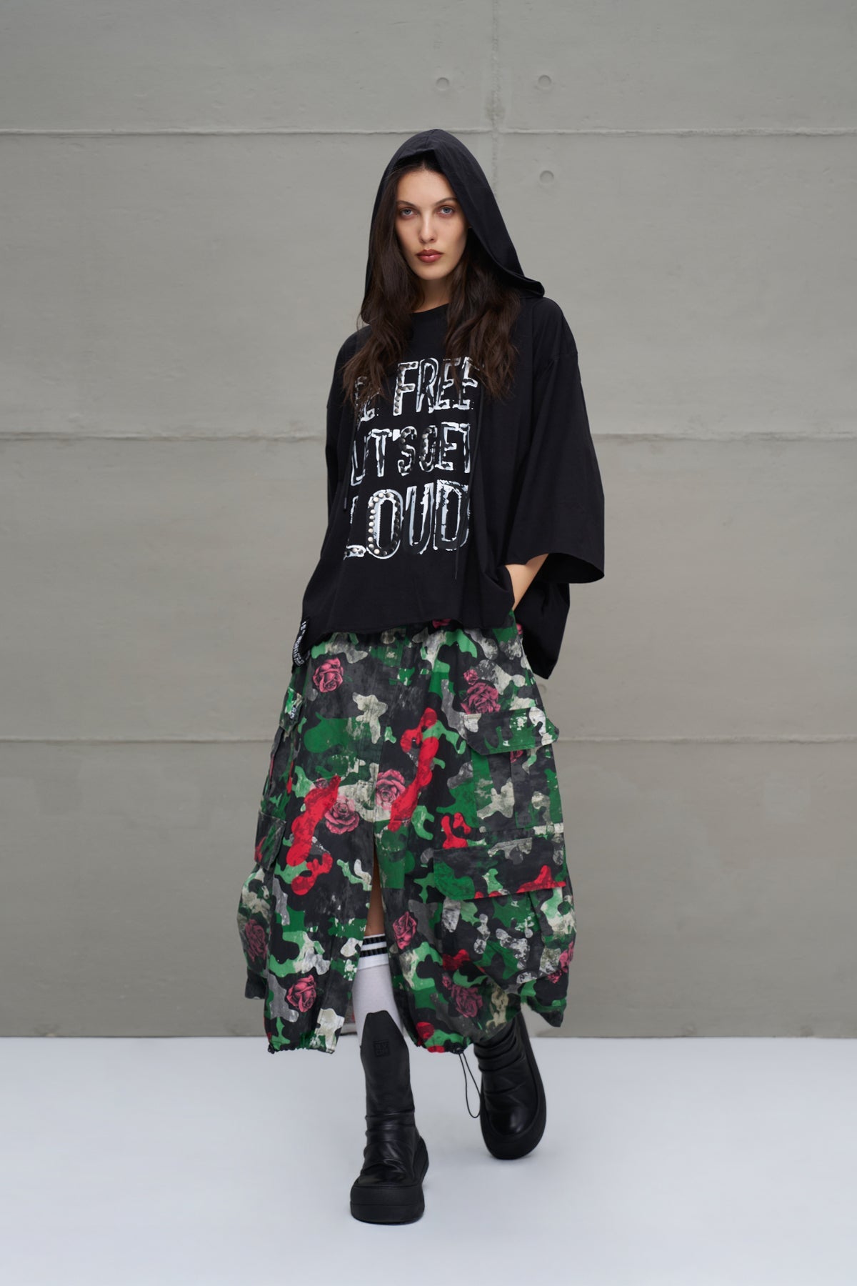 Black Slogan Asymmetric Oversized Hooded T-shirt 18042