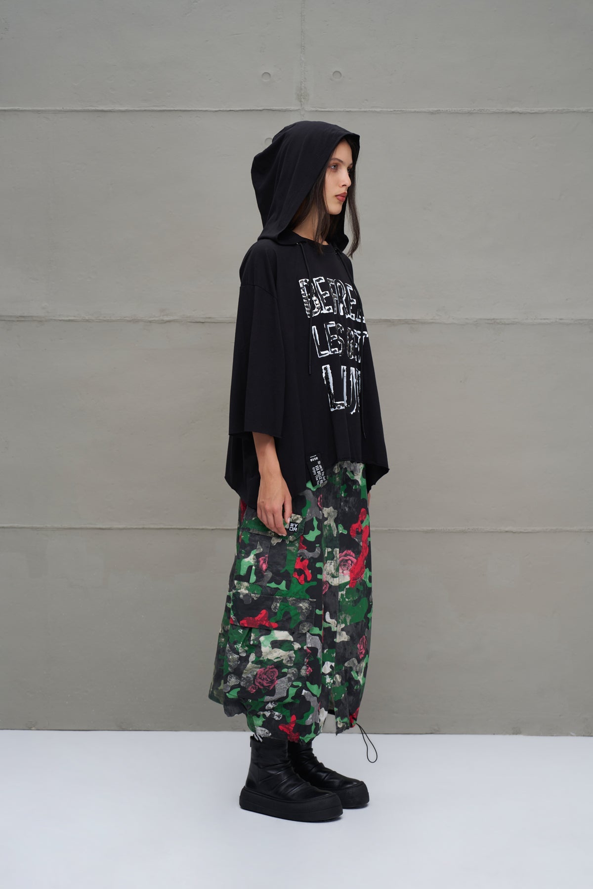 Black Slogan Asymmetric Oversized Hooded T-shirt 18042
